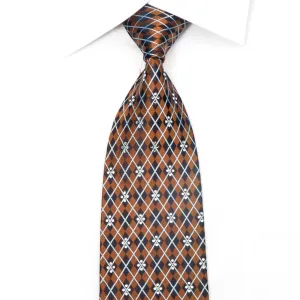 Elegance Men's Silk Necktie Navy Harlequin On Brown Sparkling With Crystal Rhinestones