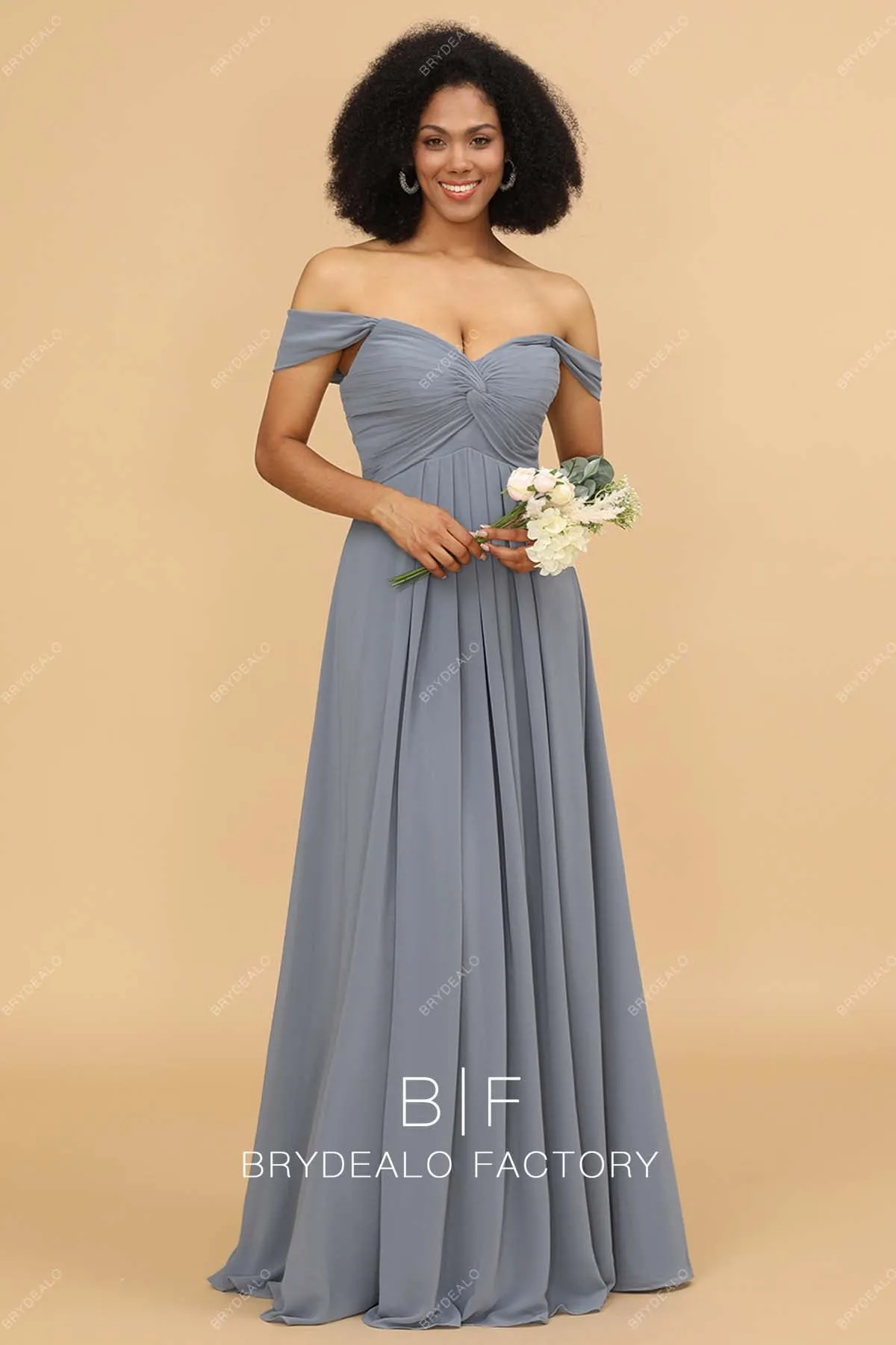Elegant Silver Chiffon Off Shoulder Floor Length Dress