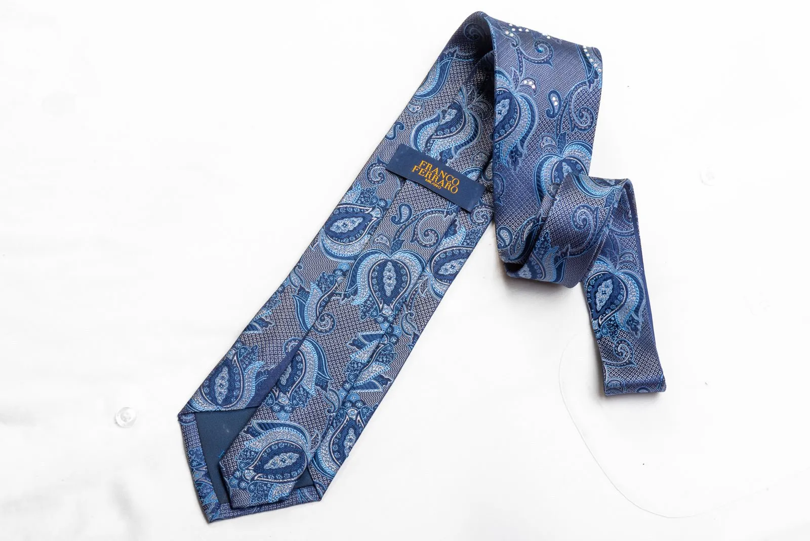 Franco Ferraro Men's Rhinestone Necktie Anthemion Paisley On Blue