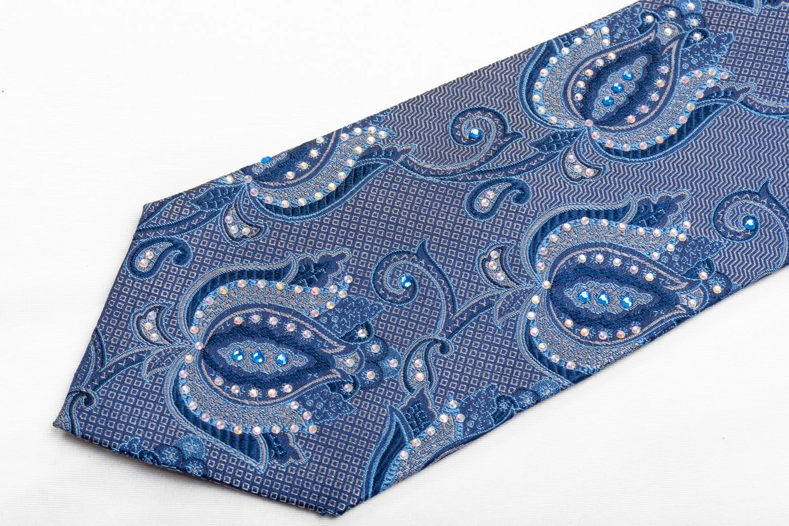 Franco Ferraro Men's Rhinestone Necktie Anthemion Paisley On Blue