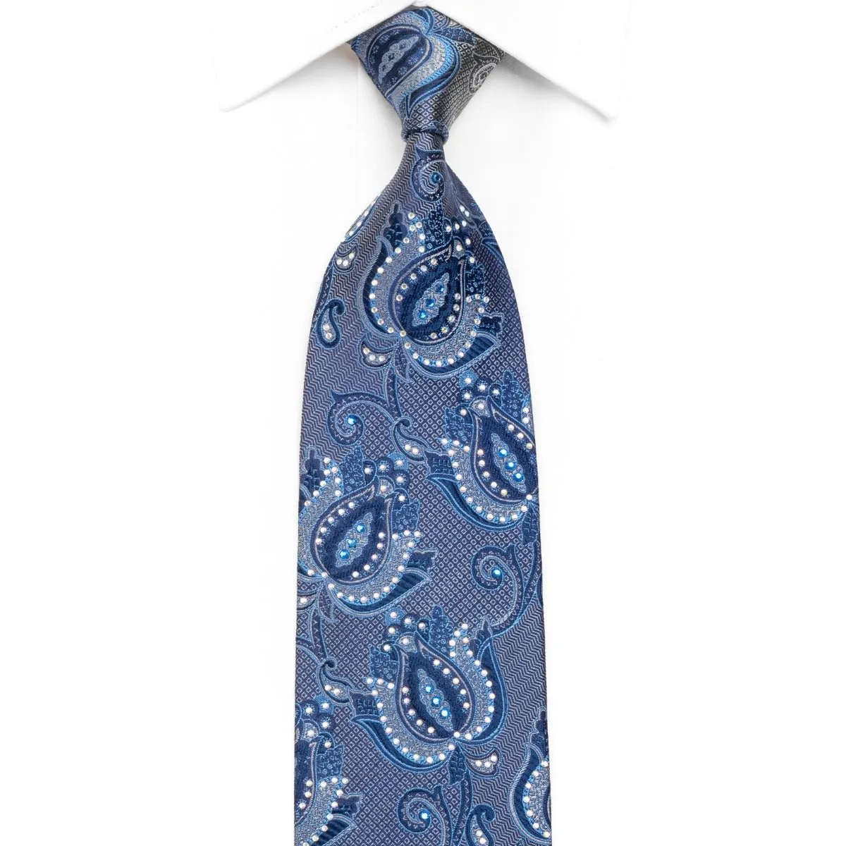 Franco Ferraro Men's Rhinestone Necktie Anthemion Paisley On Blue