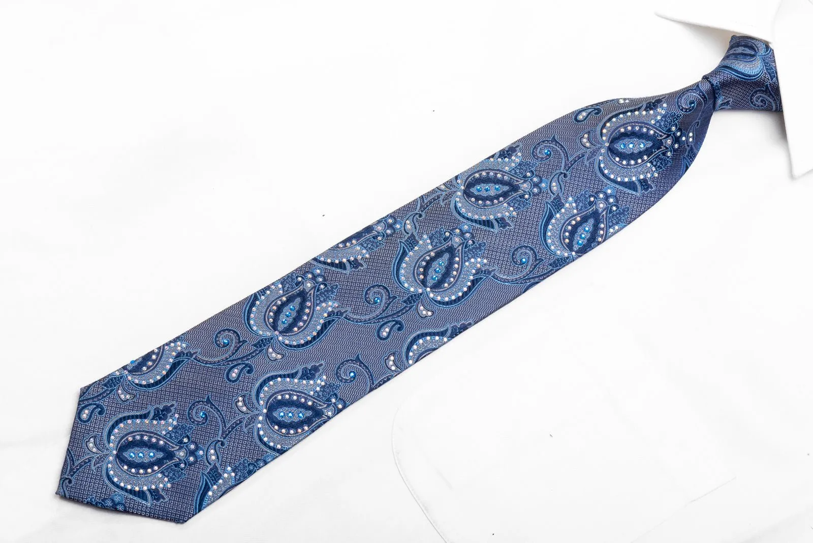 Franco Ferraro Men's Rhinestone Necktie Anthemion Paisley On Blue