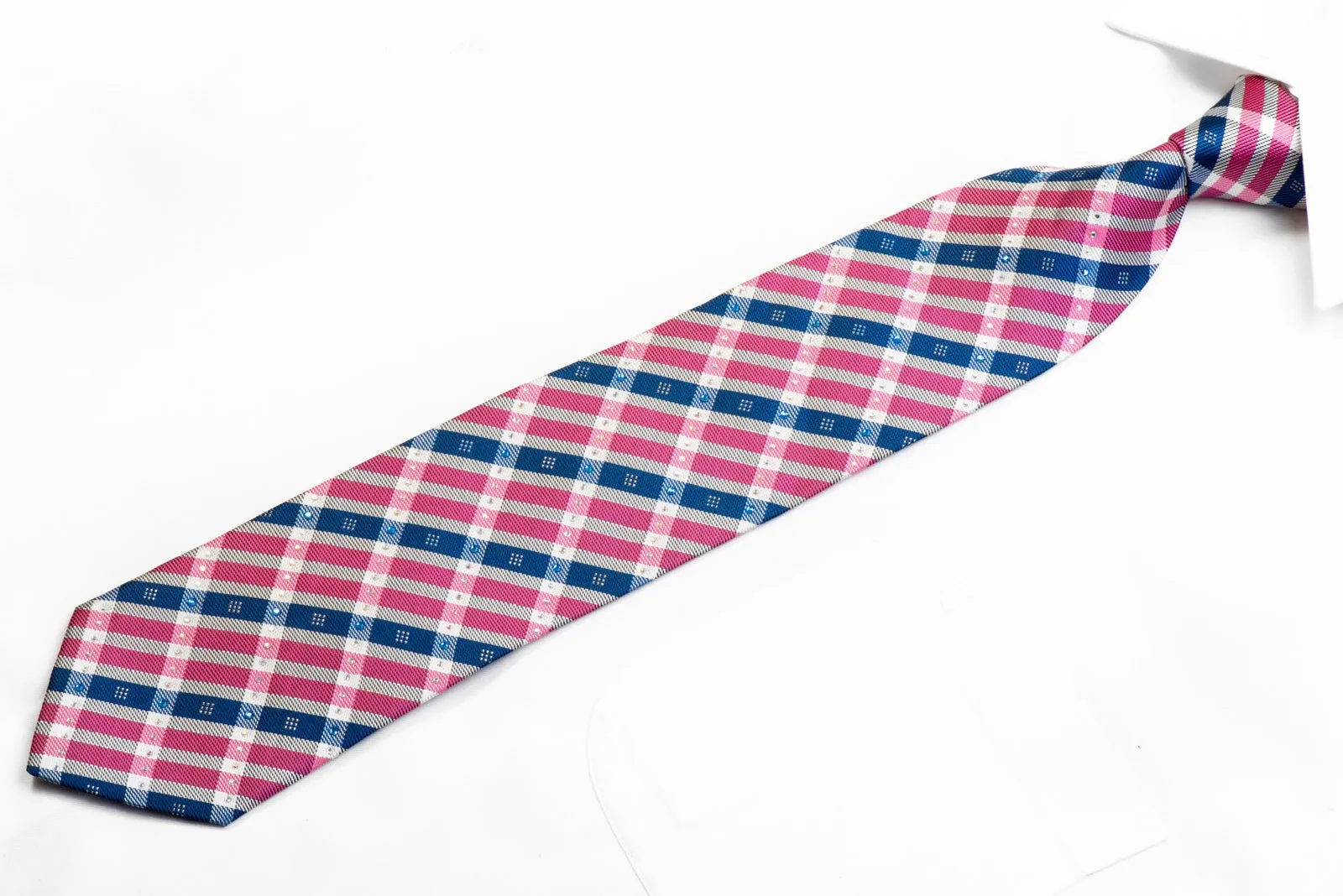 Franco Ferraro Rhinestone Necktie Pink Blue Silver Plaid With Sparkles
