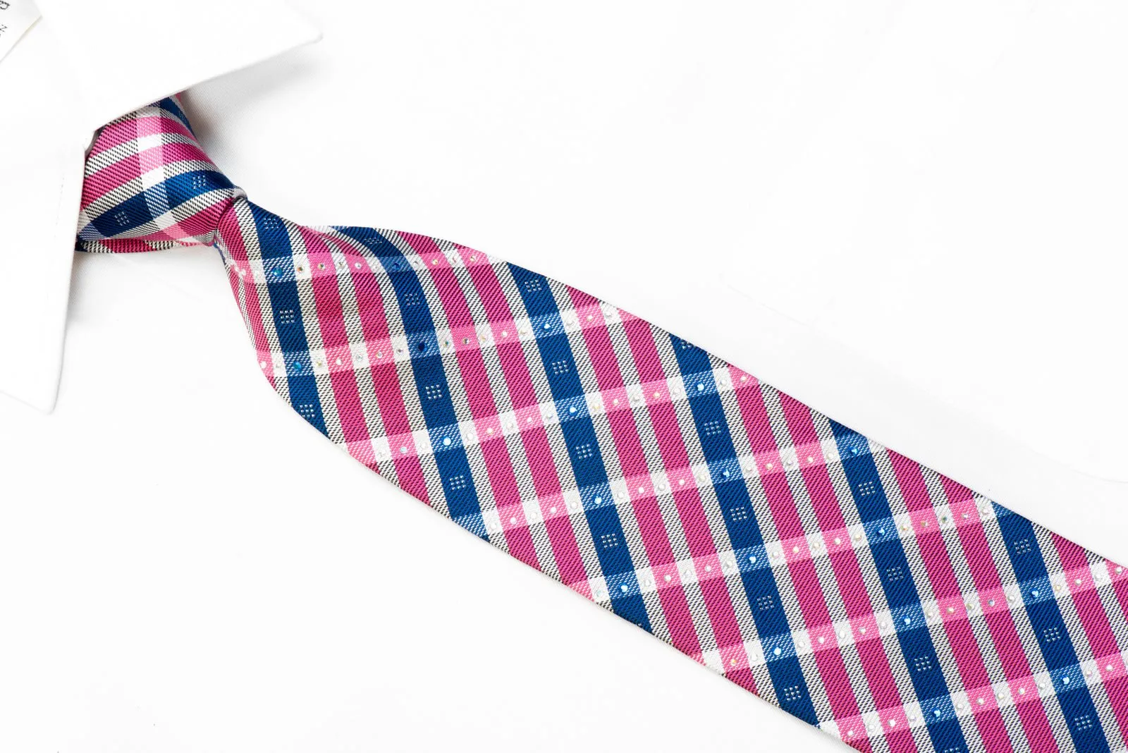 Franco Ferraro Rhinestone Necktie Pink Blue Silver Plaid With Sparkles