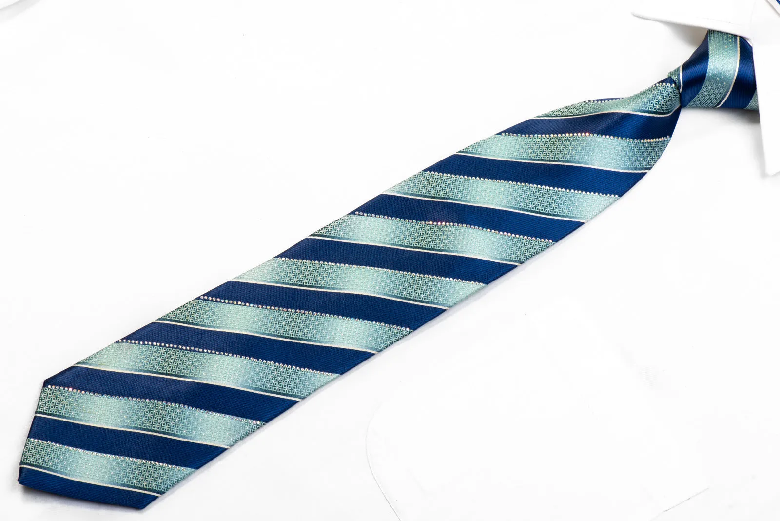 G-Gio Rhinestone Silk Necktie Blue Striped With Silver Sparkles