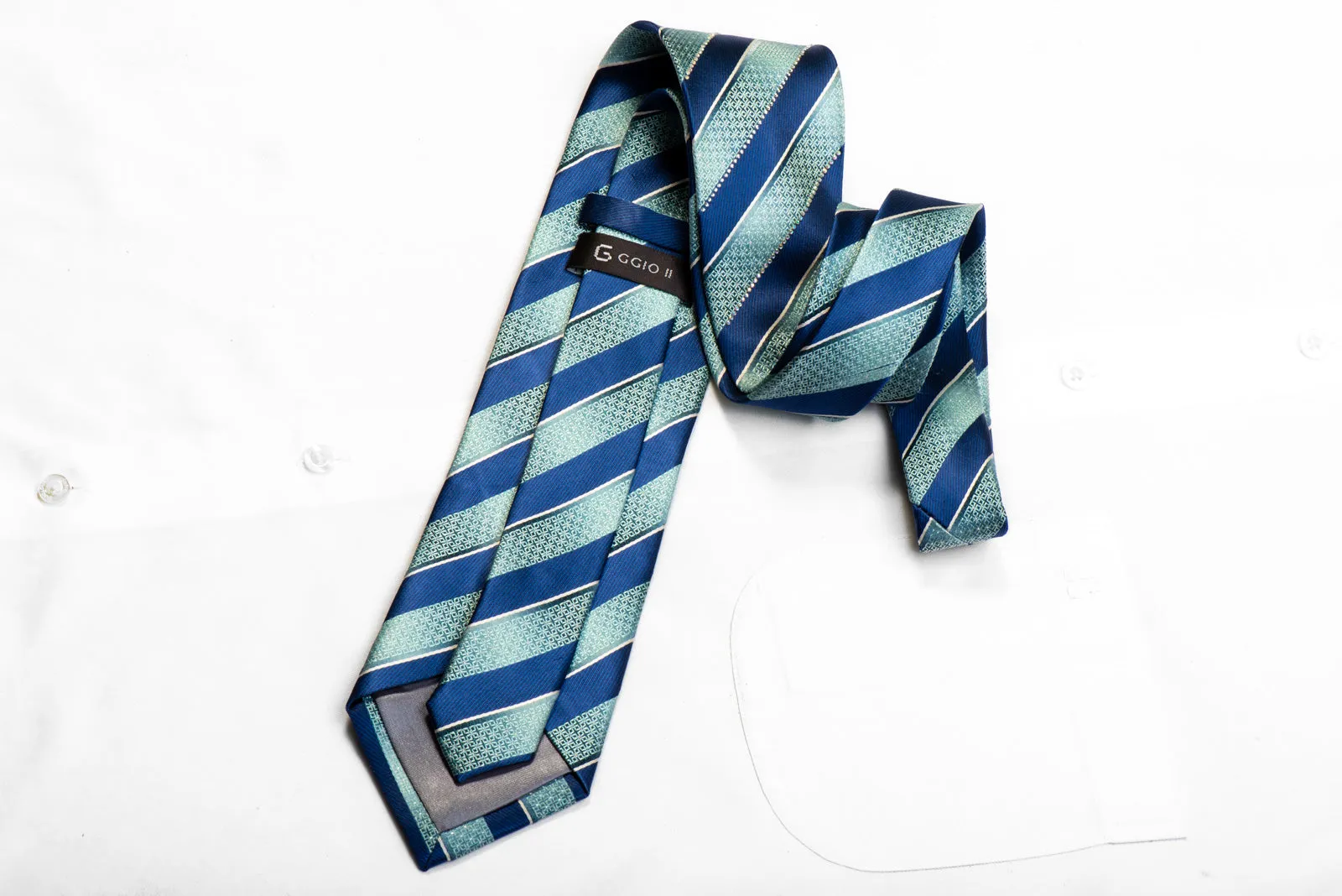 G-Gio Rhinestone Silk Necktie Blue Striped With Silver Sparkles