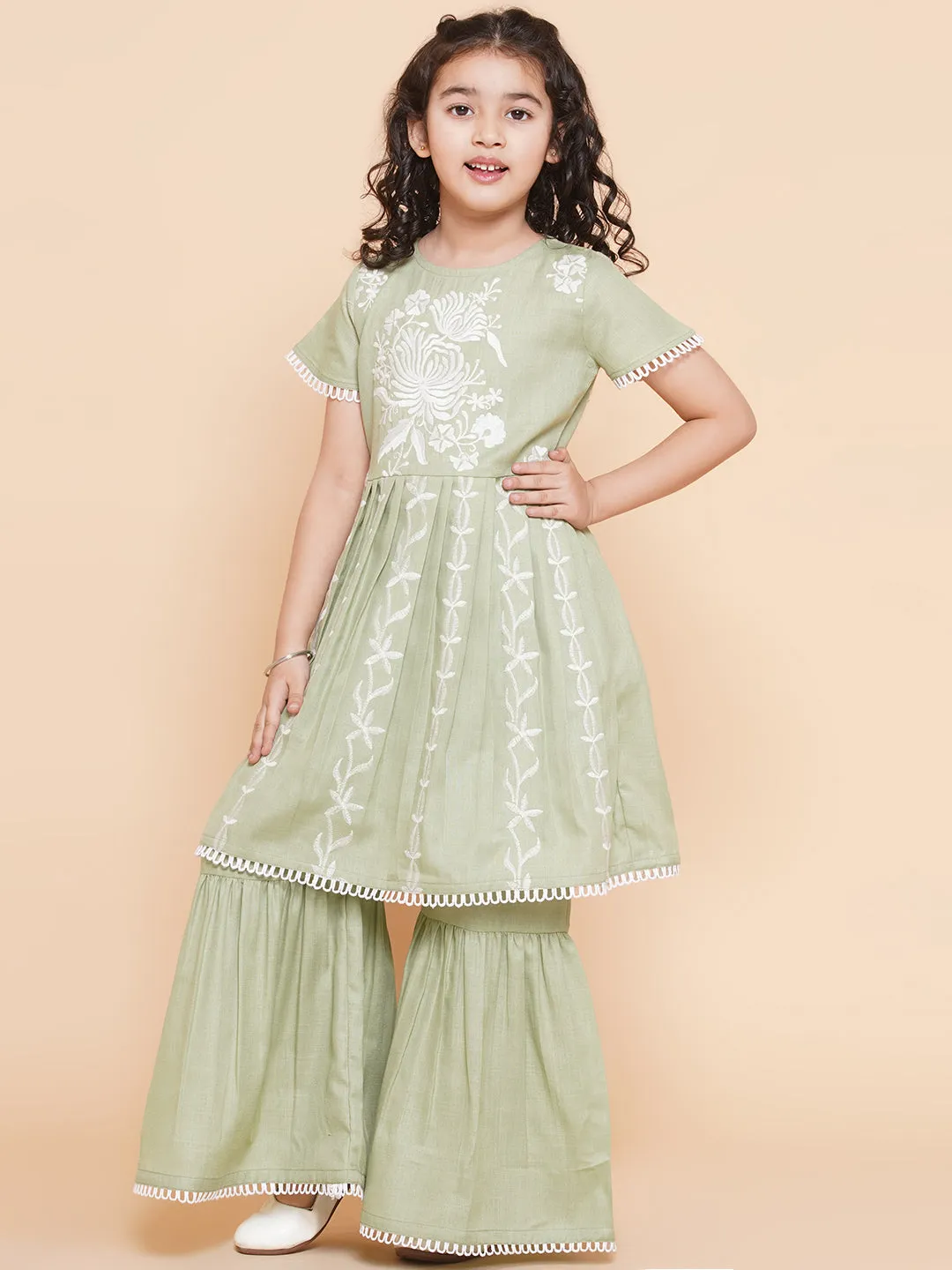 Girls Light Green Floral Embroidered Kurta With Sharara