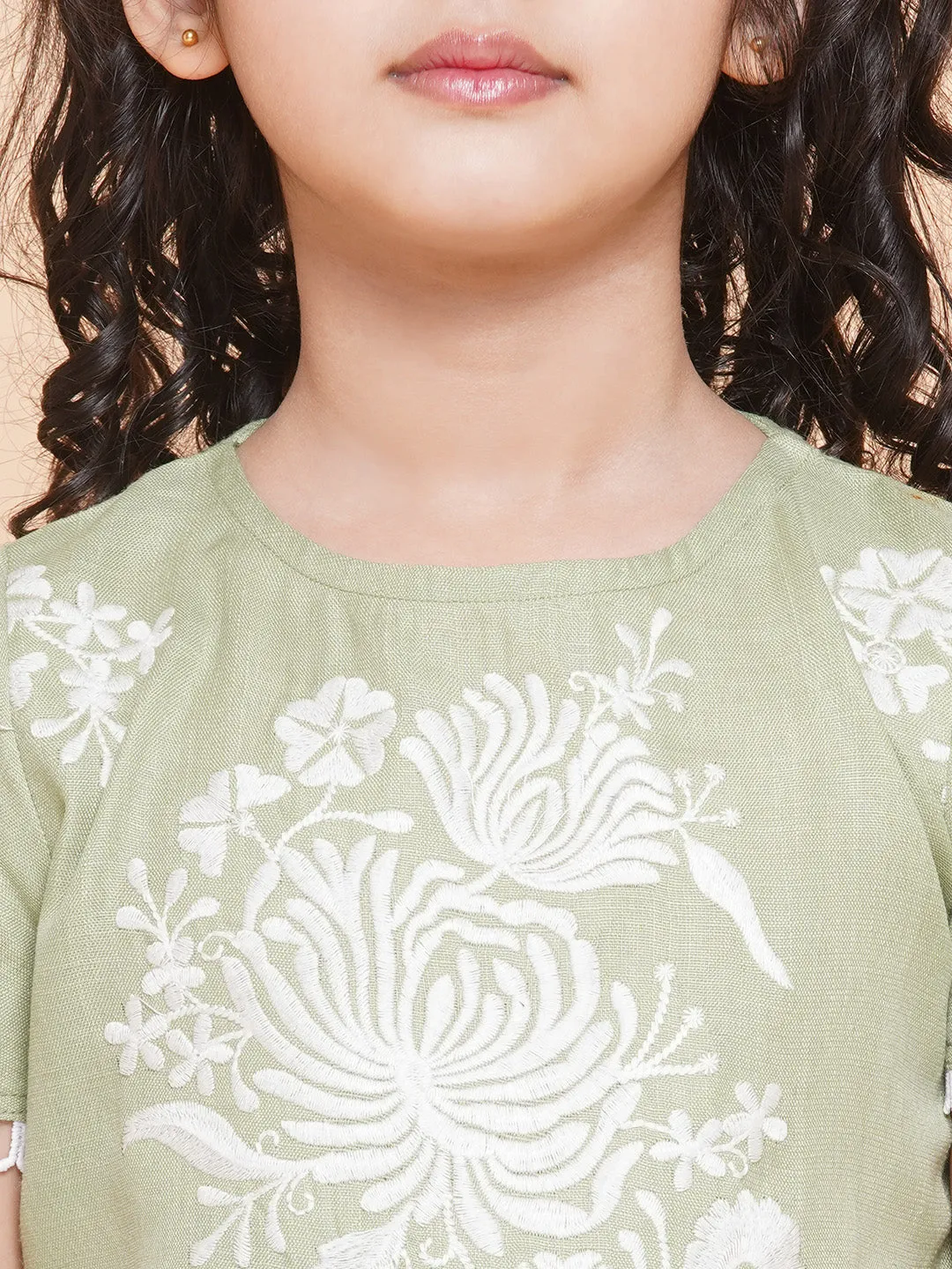 Girls Light Green Floral Embroidered Kurta With Sharara