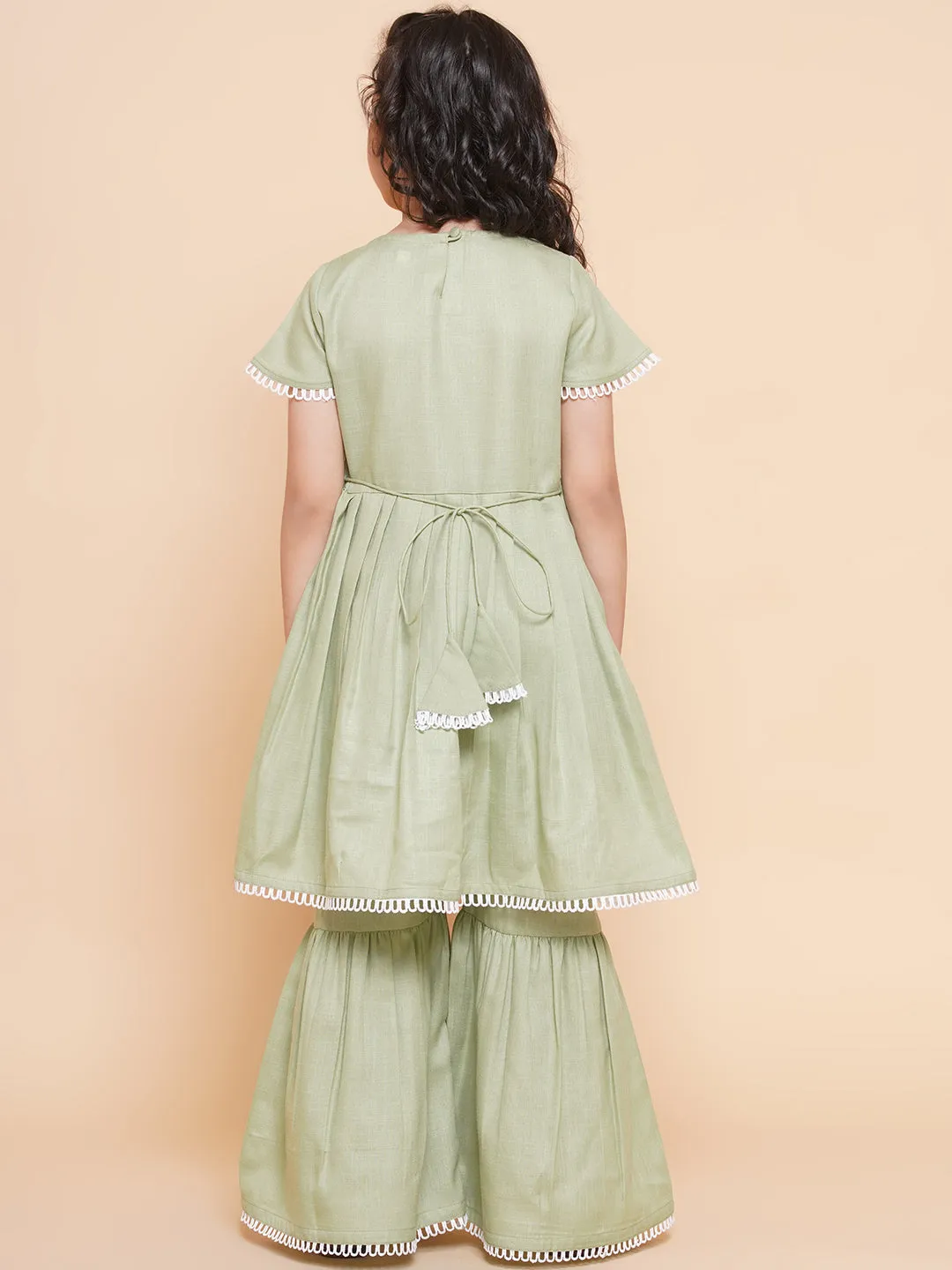 Girls Light Green Floral Embroidered Kurta With Sharara