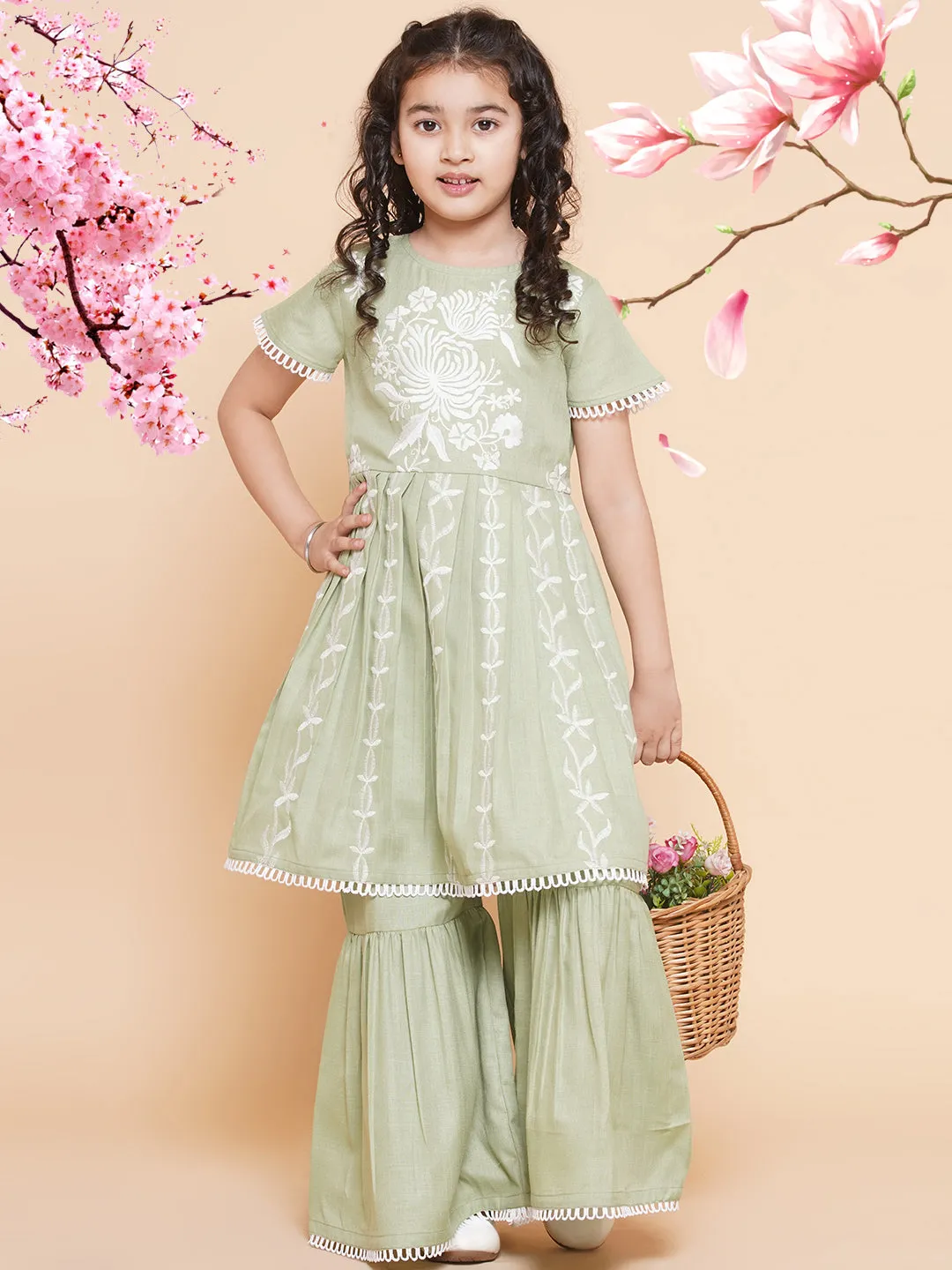 Girls Light Green Floral Embroidered Kurta With Sharara