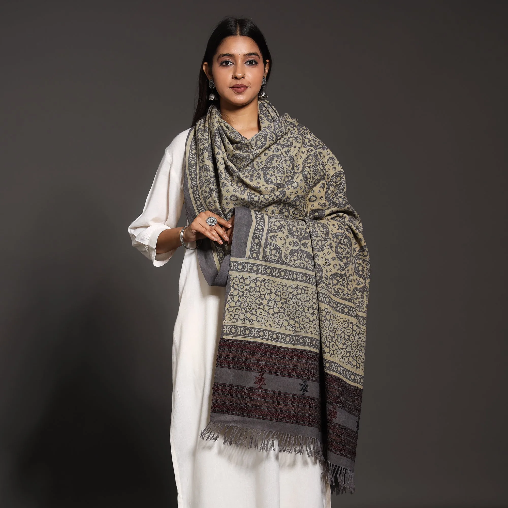 Grey - Kutch Traditional Ajrakh Block Printed Handwoven Pure Wool Shawl