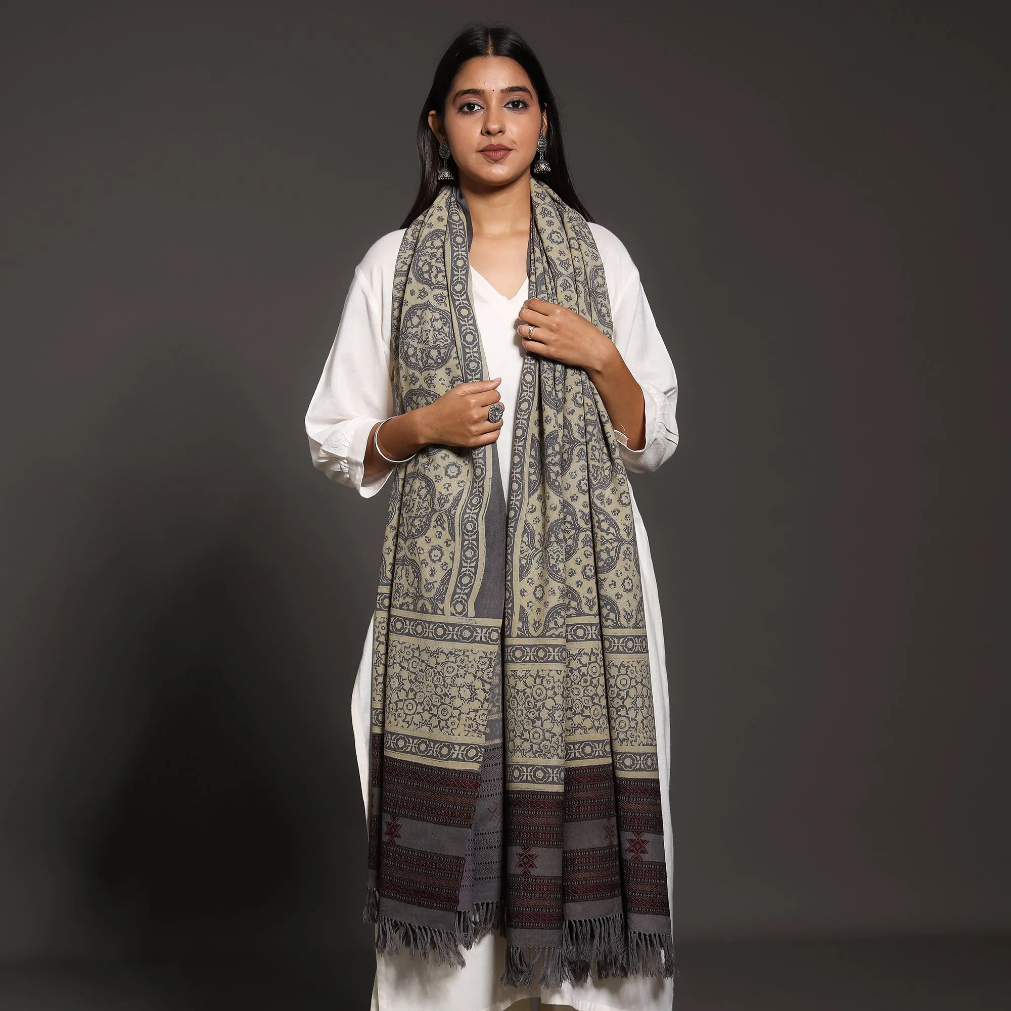 Grey - Kutch Traditional Ajrakh Block Printed Handwoven Pure Wool Shawl