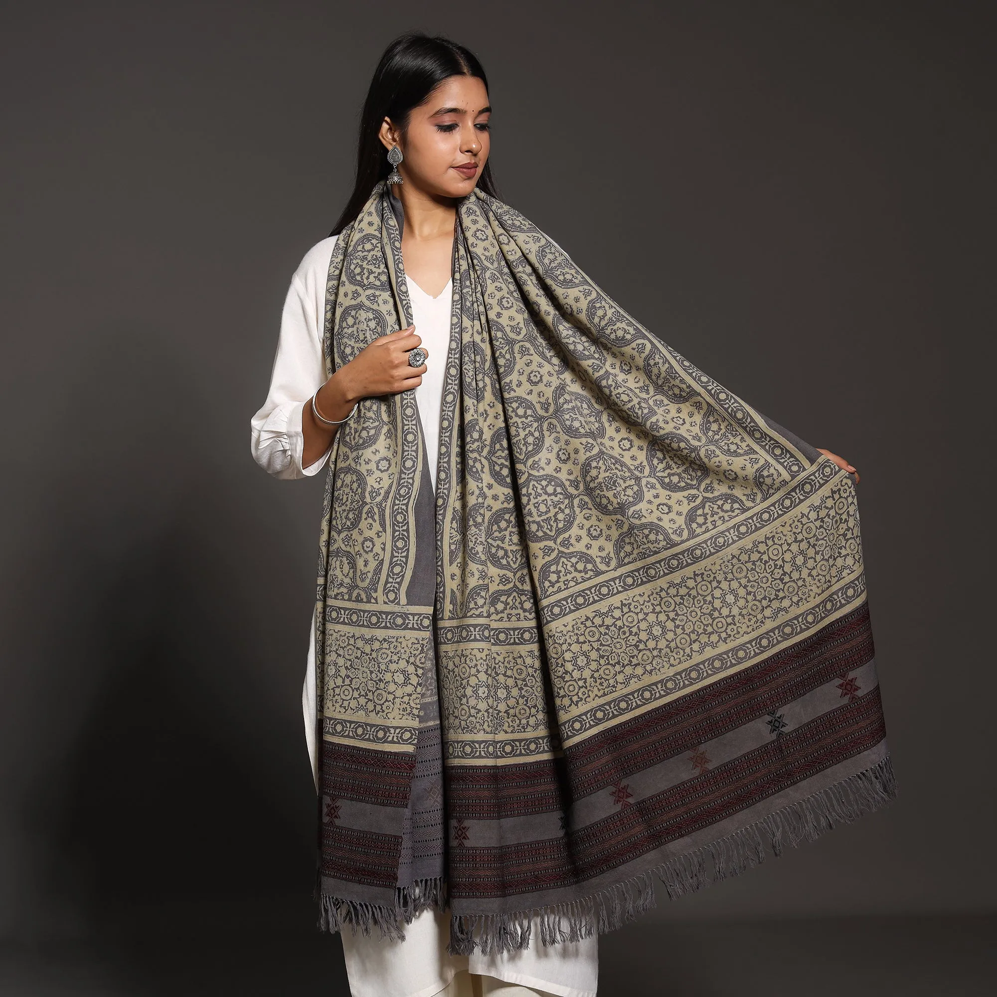 Grey - Kutch Traditional Ajrakh Block Printed Handwoven Pure Wool Shawl