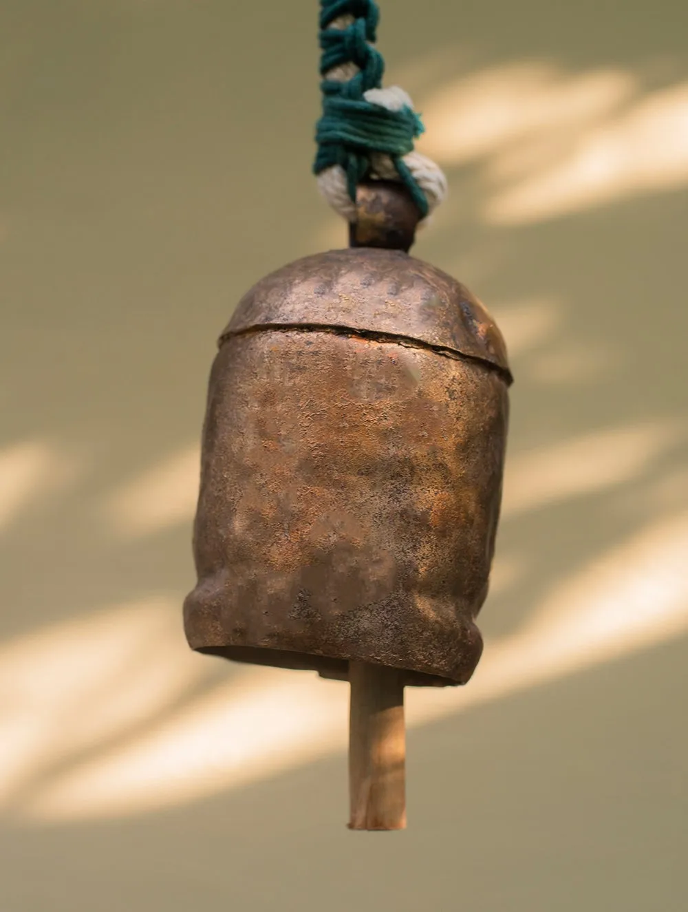 Handknotted Macramé Hanging Copper Bells 3.5" - Mint Green (80")