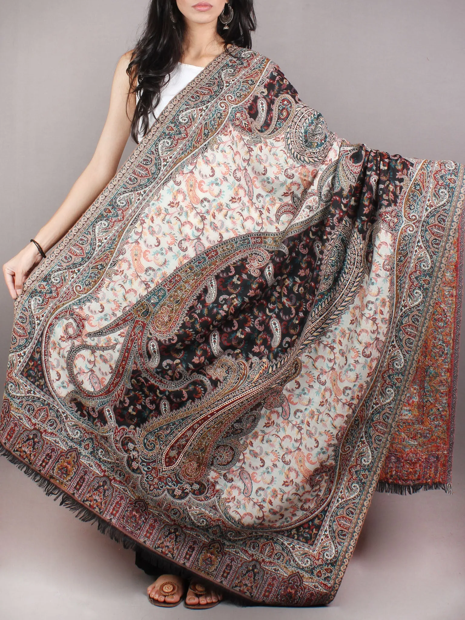 Ivory Black Brown Pure Wool Kani Jamawar Cashmere Shawl From Kashmir - S200103