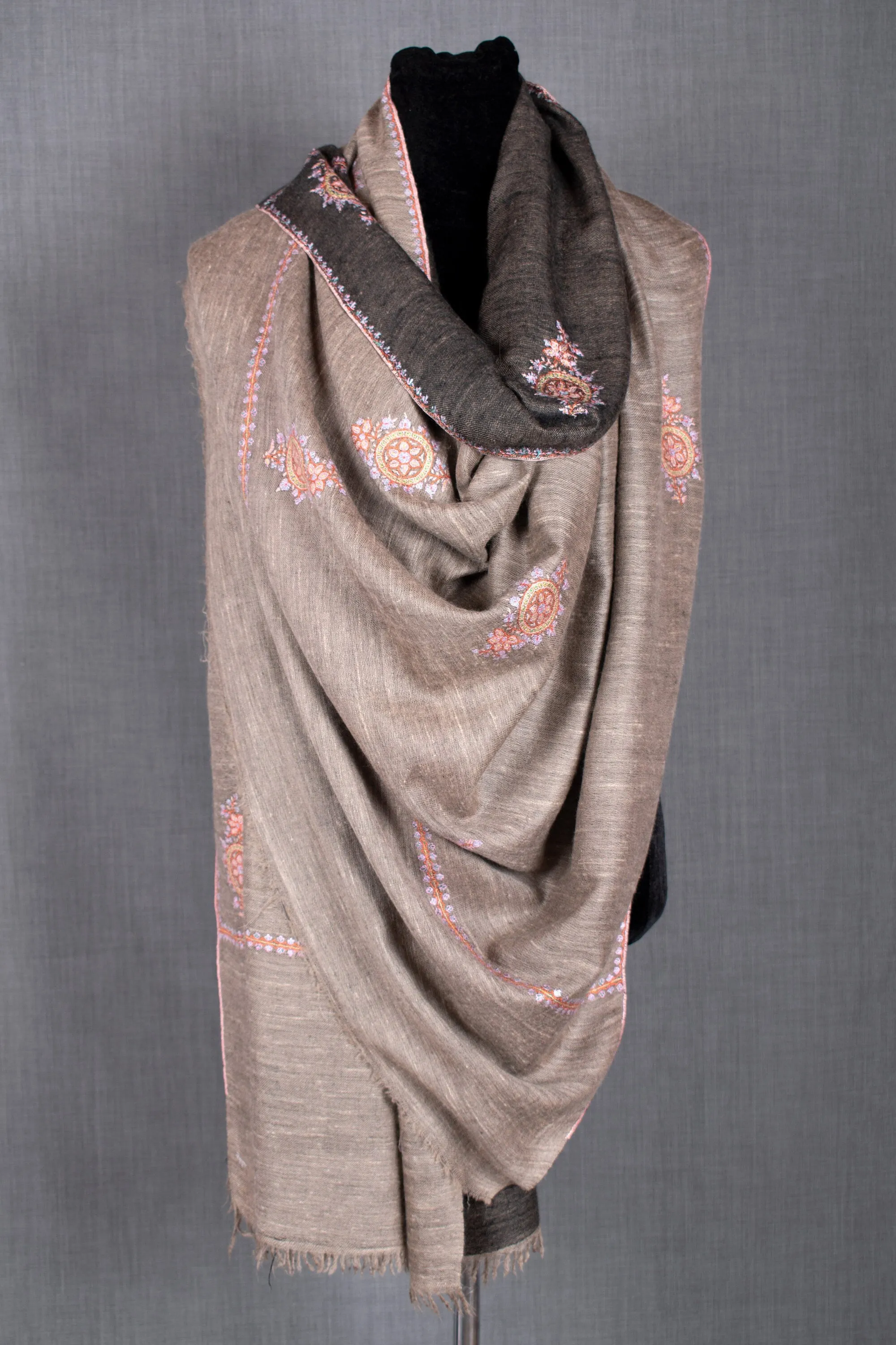 Khusboo Exclusive Dual Shade Reversible, Sozni Embroidery Pashmina Shawl, 40x80"