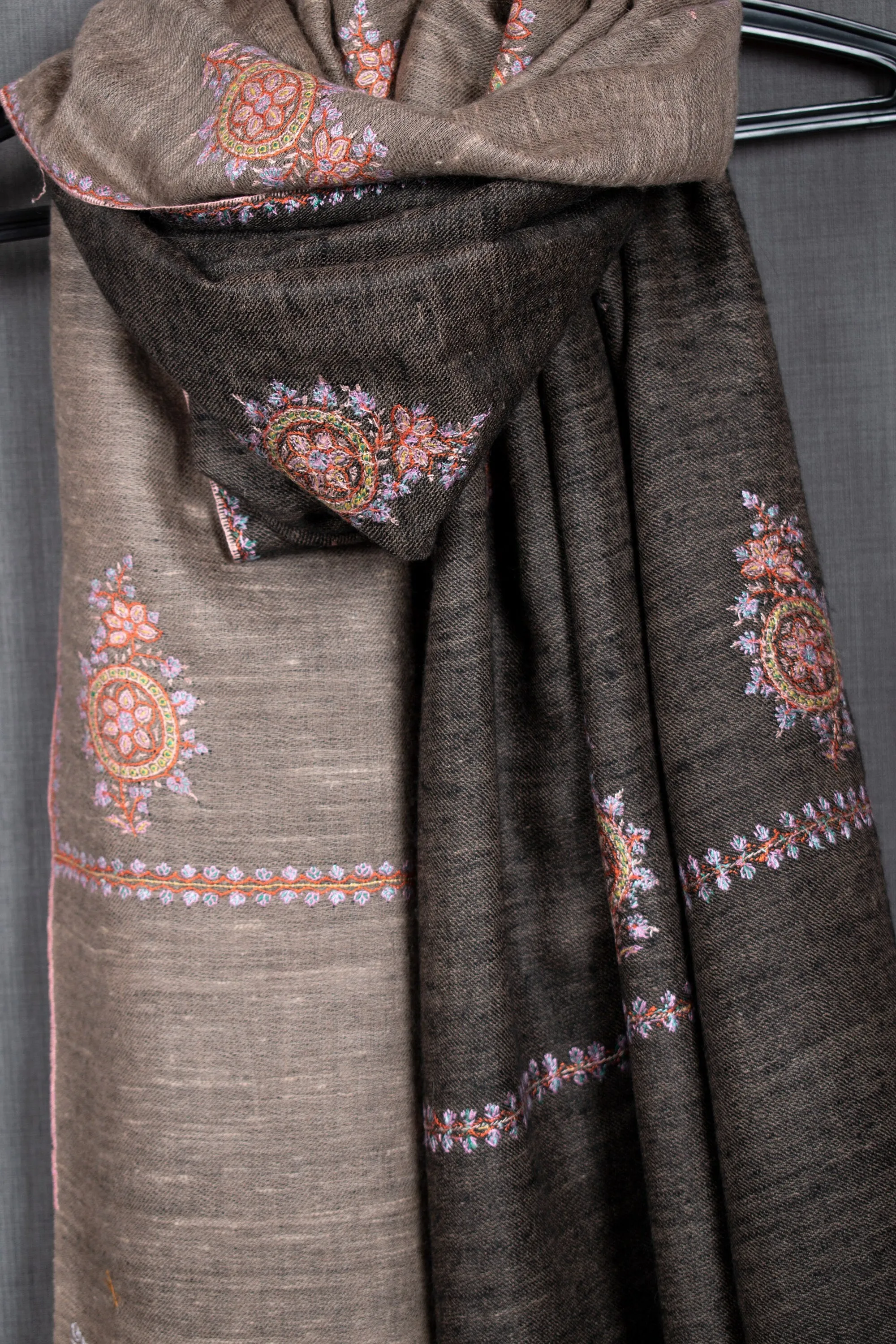 Khusboo Exclusive Dual Shade Reversible, Sozni Embroidery Pashmina Shawl, 40x80"