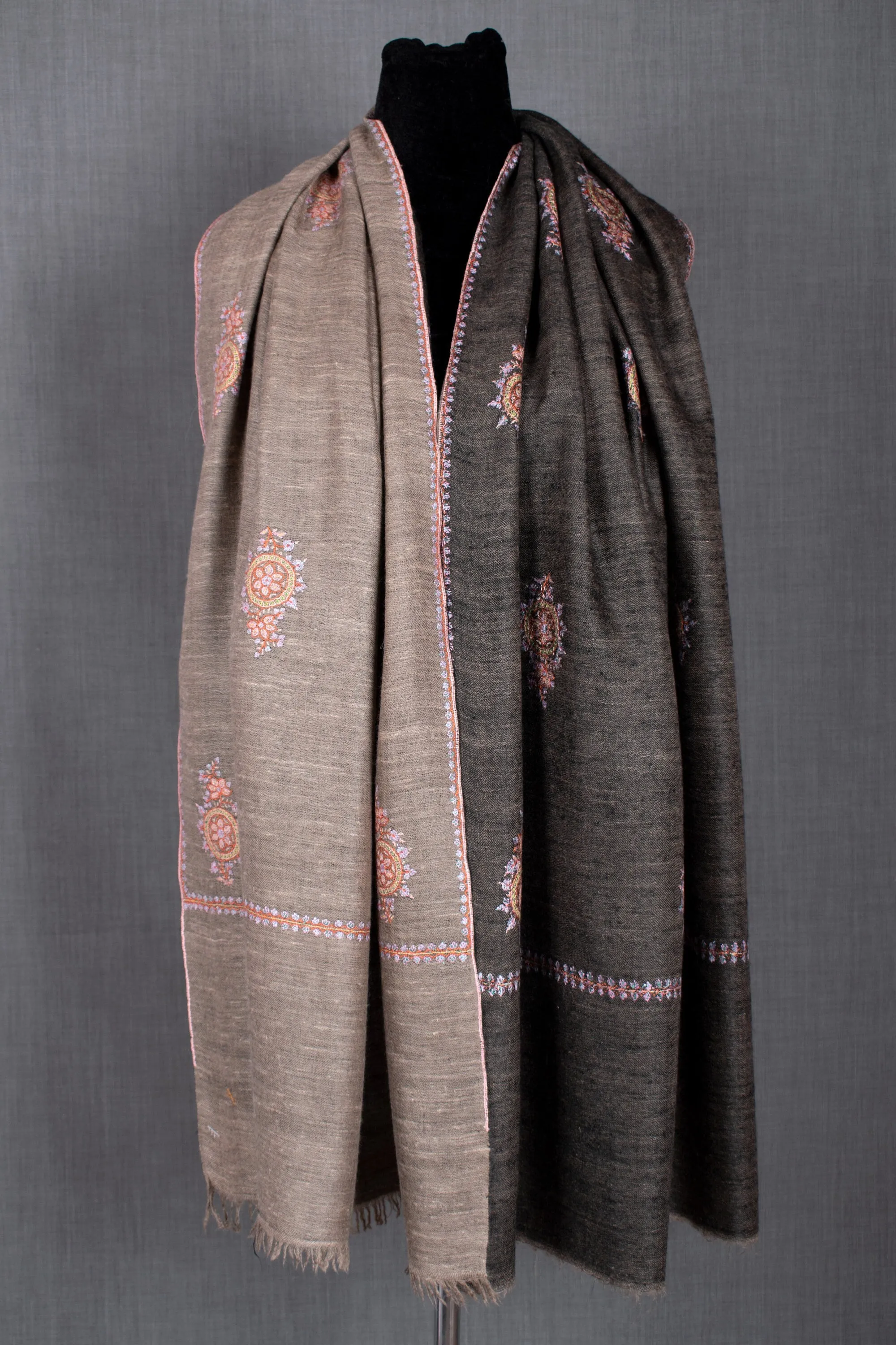 Khusboo Exclusive Dual Shade Reversible, Sozni Embroidery Pashmina Shawl, 40x80"