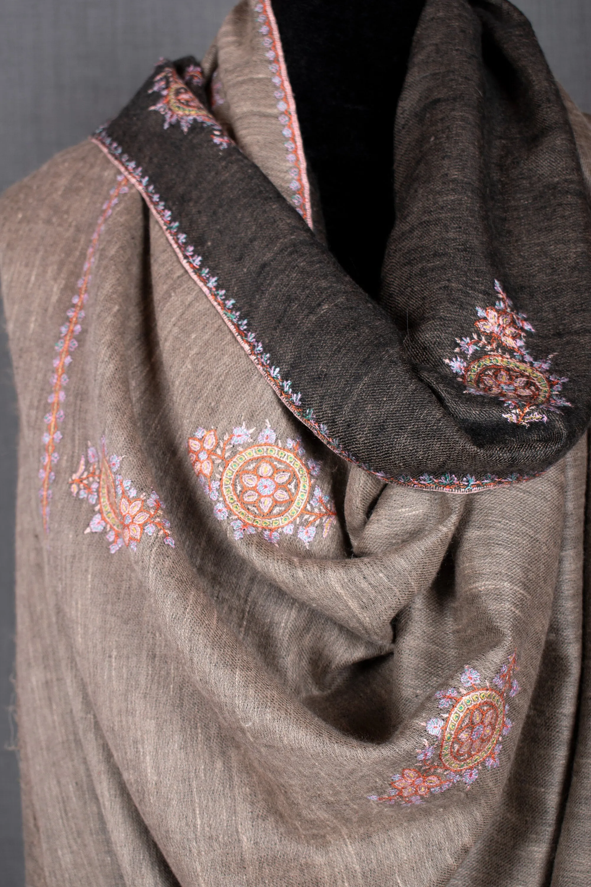 Khusboo Exclusive Dual Shade Reversible, Sozni Embroidery Pashmina Shawl, 40x80"