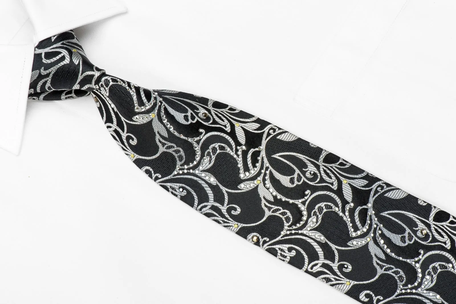 Lancetti Men's Crystal Silk Necktie Silver Vines On Black Sparkling With Rhinestones