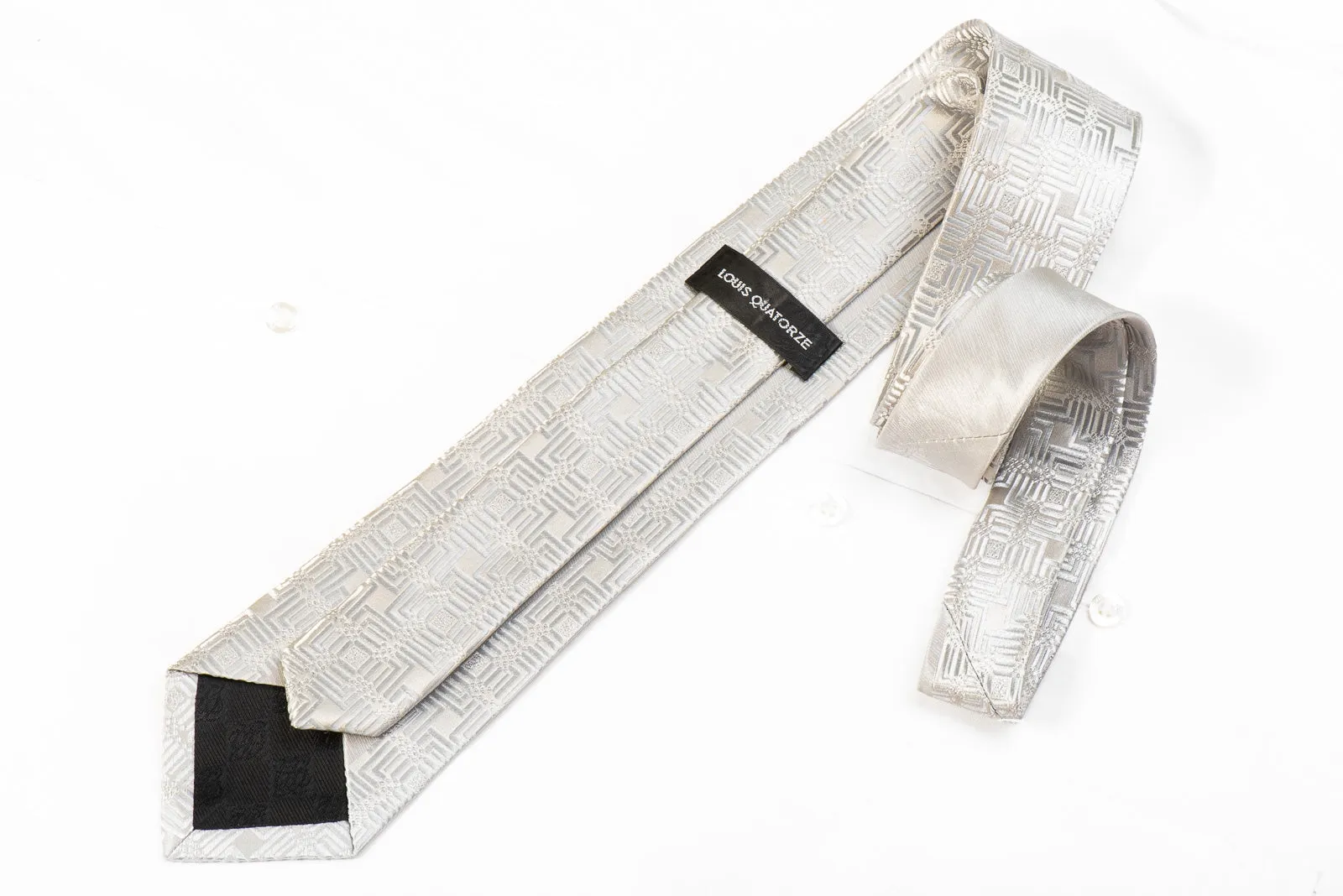 Louis Quatorze Men's Crystal Silk Necktie Silver Geometric On White With Sparkles