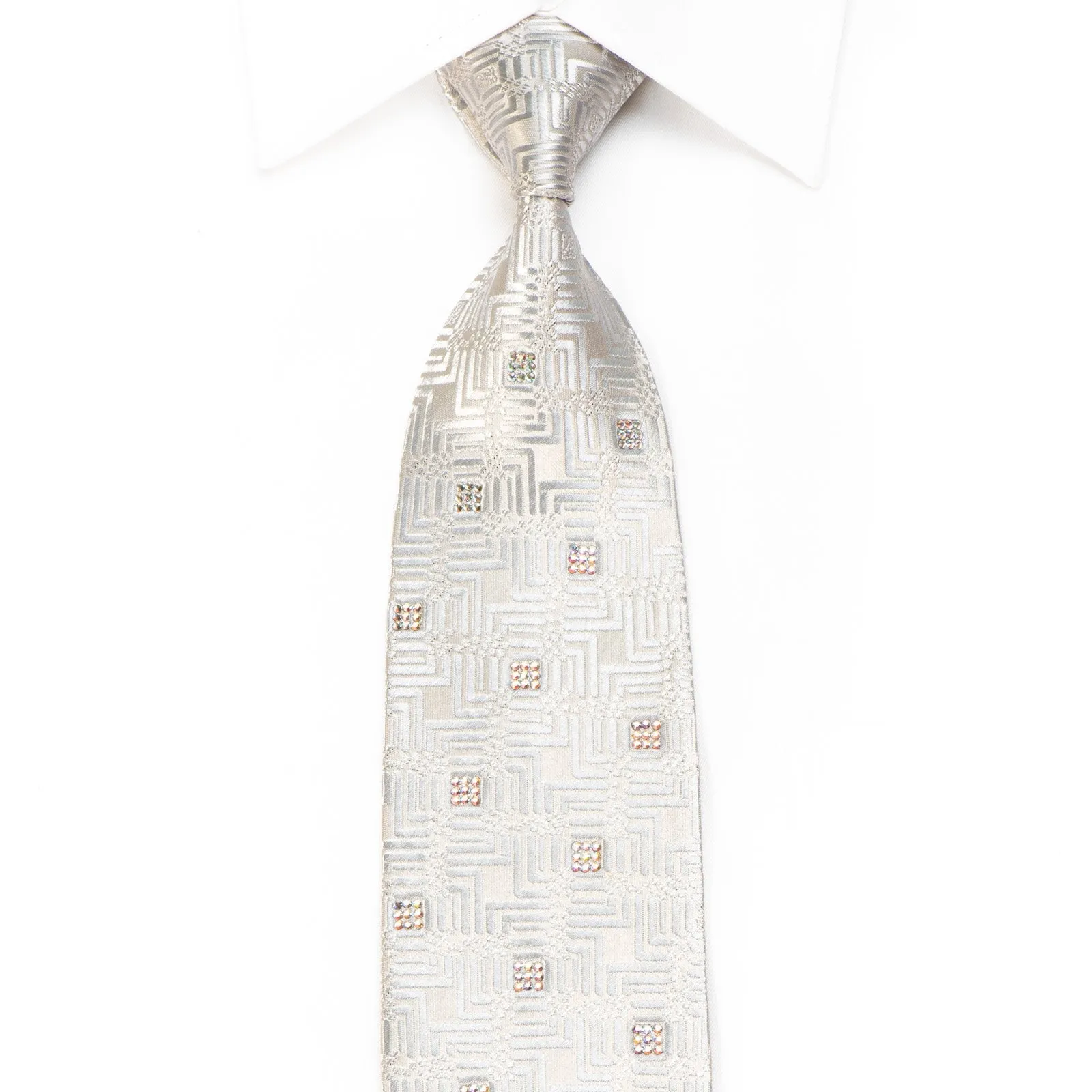 Louis Quatorze Men's Crystal Silk Necktie Silver Geometric On White With Sparkles