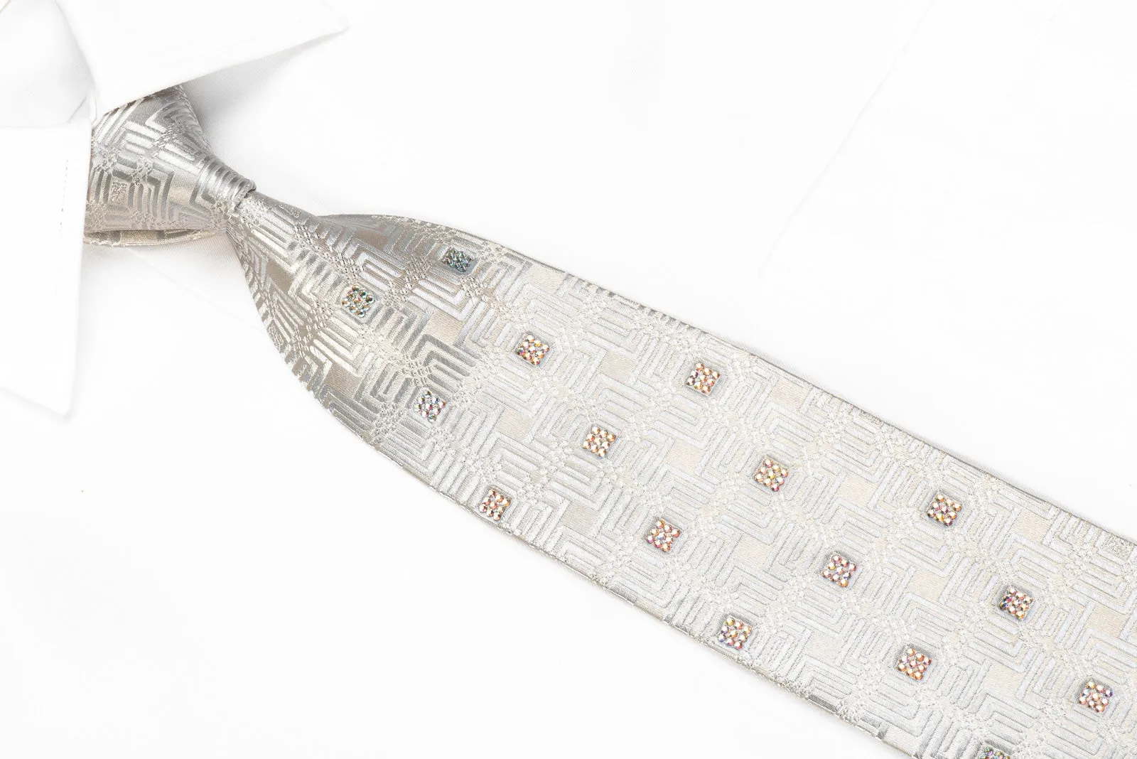 Louis Quatorze Men's Crystal Silk Necktie Silver Geometric On White With Sparkles