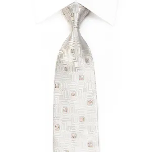Louis Quatorze Men's Crystal Silk Necktie Silver Geometric On White With Sparkles