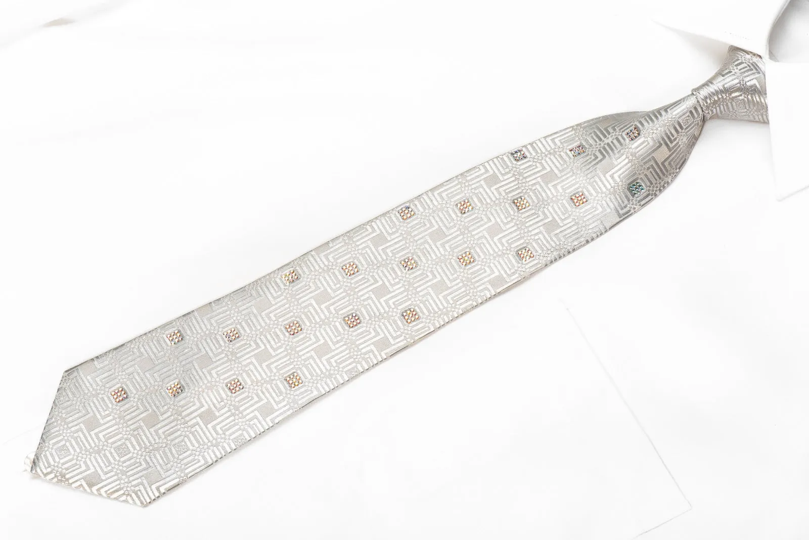 Louis Quatorze Men's Crystal Silk Necktie Silver Geometric On White With Sparkles