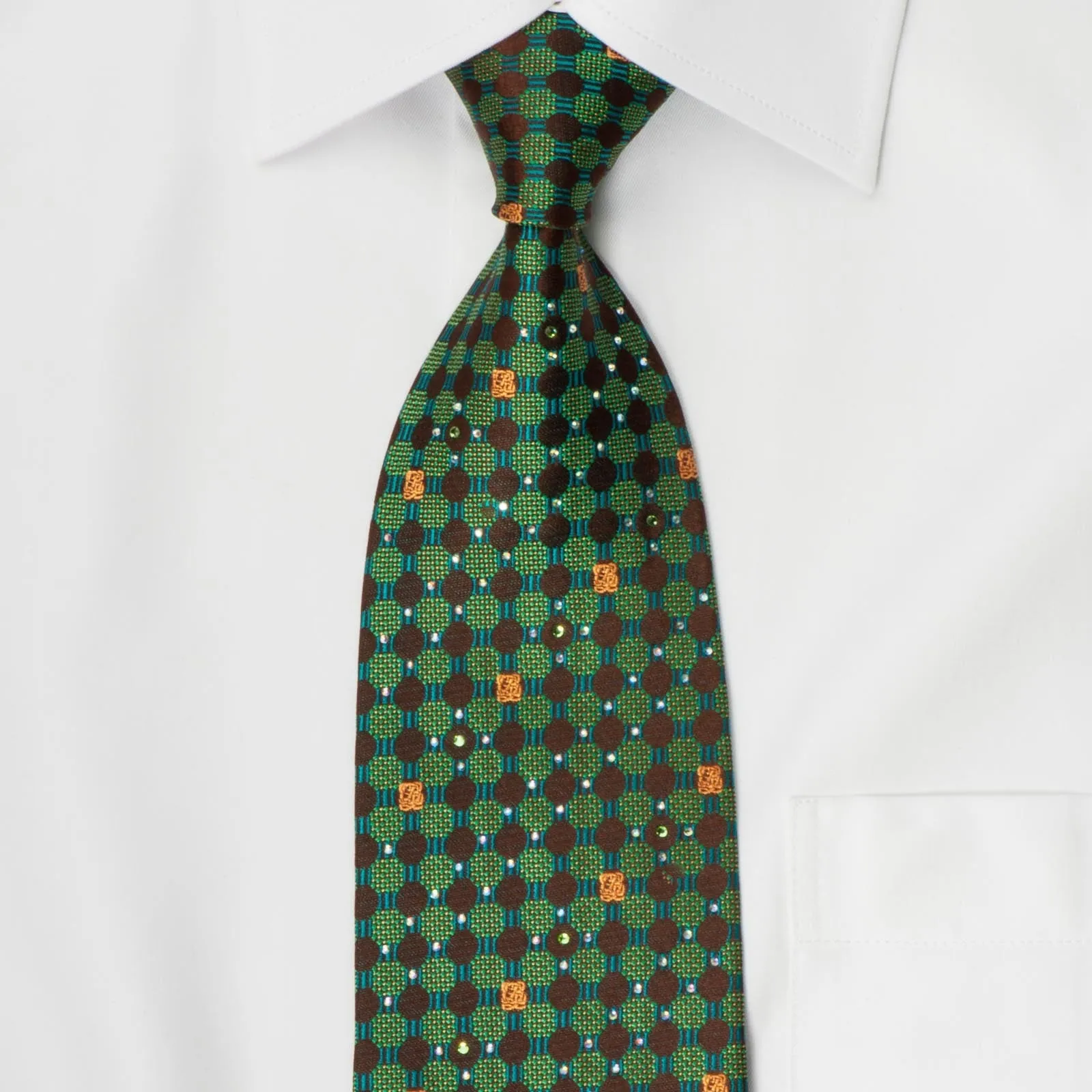 Louis Quatorze Men's Silk Necktie Emerald Geometric Design On Brown With Rhinestones