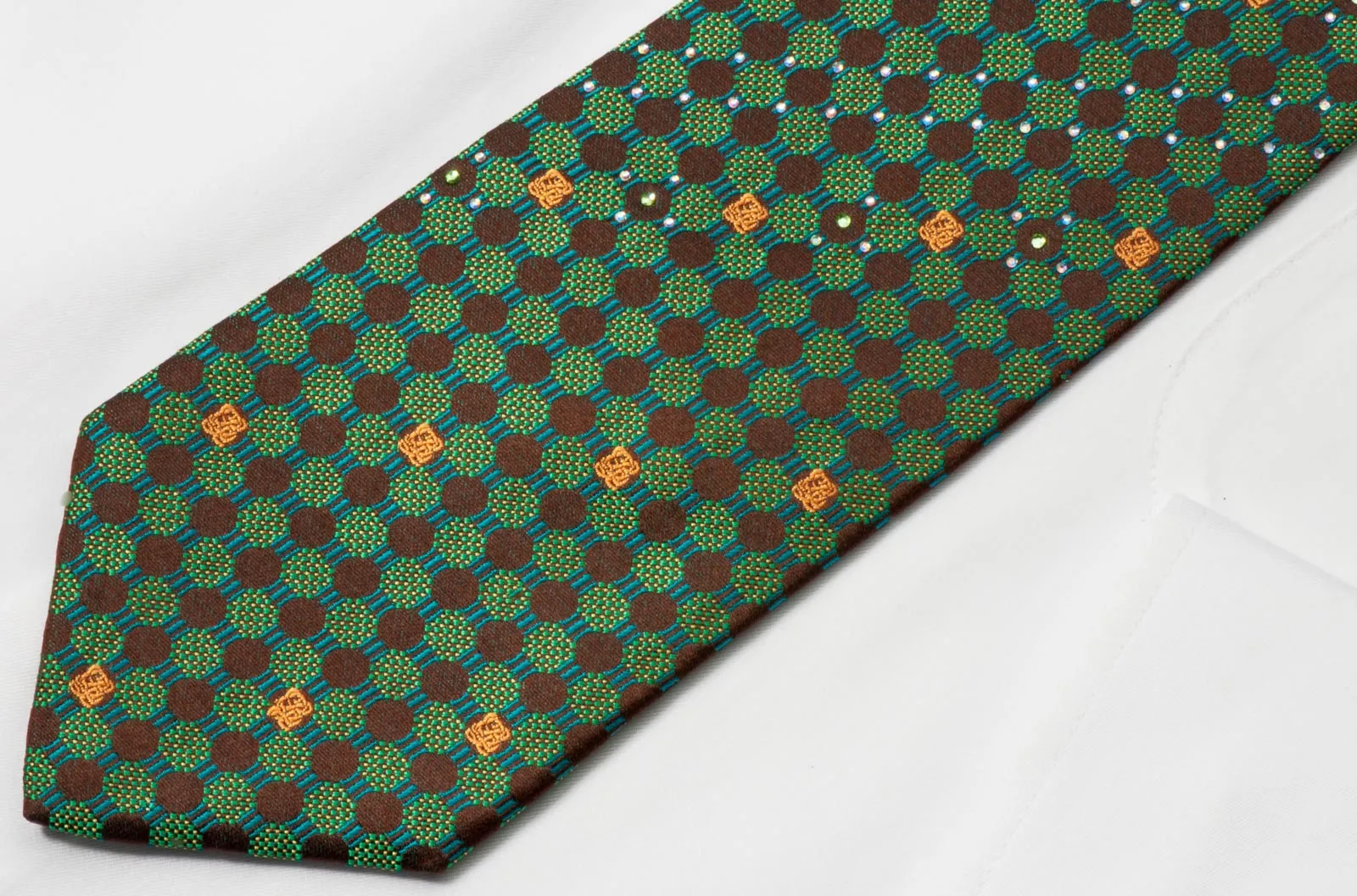 Louis Quatorze Men's Silk Necktie Emerald Geometric Design On Brown With Rhinestones