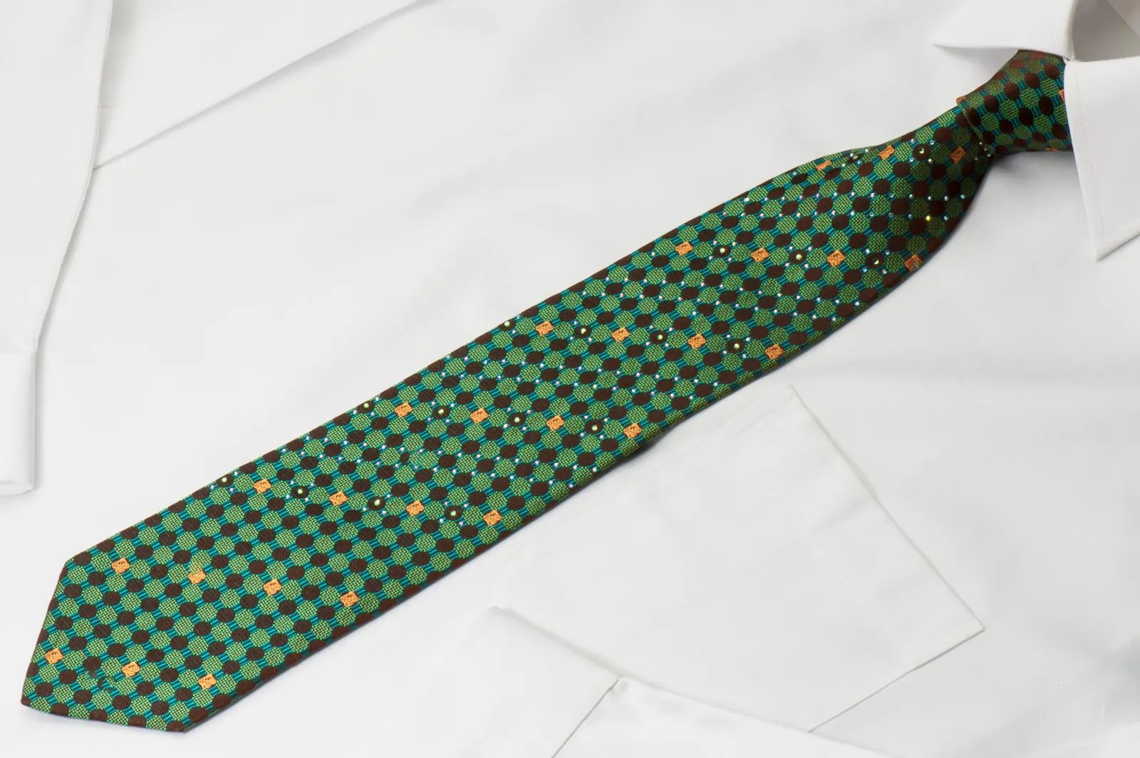 Louis Quatorze Men's Silk Necktie Emerald Geometric Design On Brown With Rhinestones