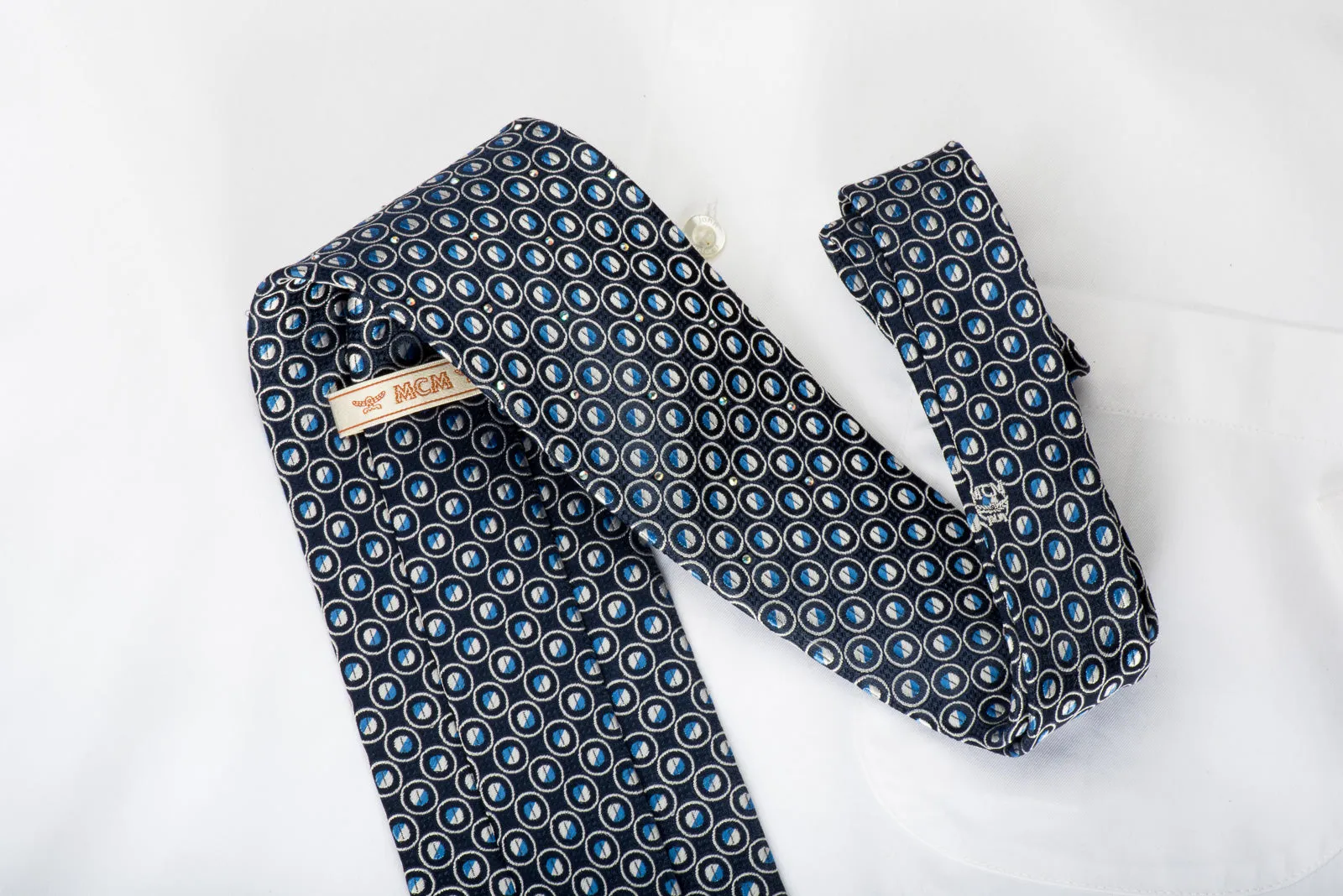 MCM Silk Neckie Dots On Blue With Rhinestones