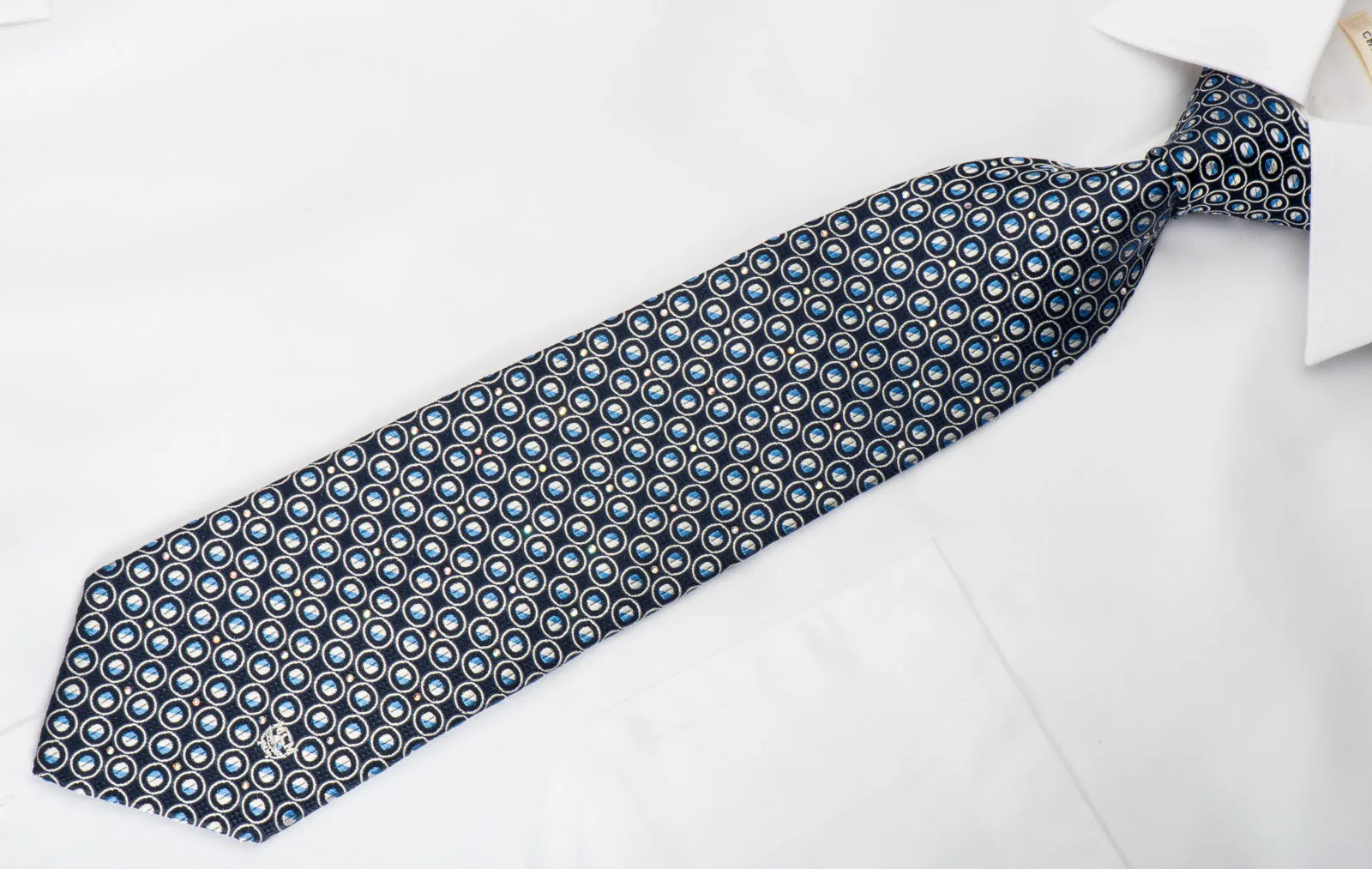 MCM Silk Neckie Dots On Blue With Rhinestones