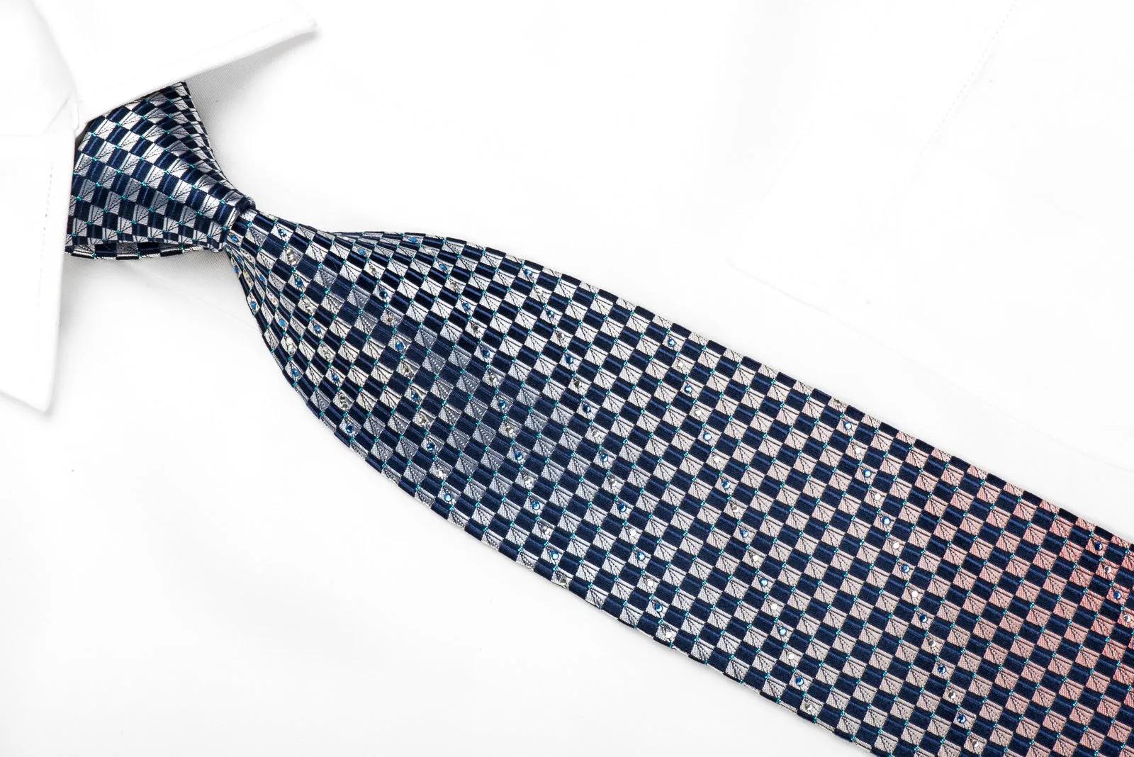 Men's Crystal Silk Necktie Blue Silver Orange Checkered With Blue Sparkles