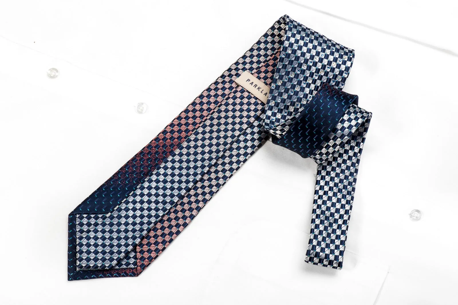Men's Crystal Silk Necktie Blue Silver Orange Checkered With Blue Sparkles