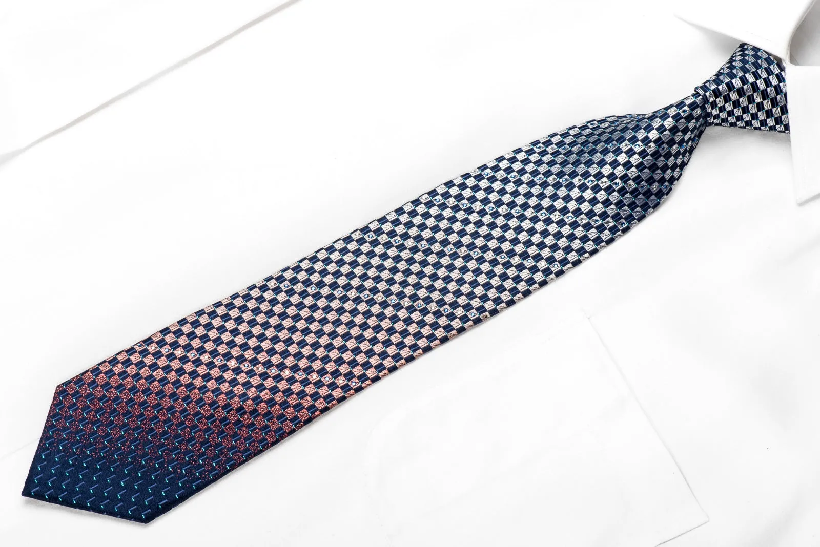 Men's Crystal Silk Necktie Blue Silver Orange Checkered With Blue Sparkles