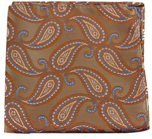 Mens Gold & Light Blue Paisley Silk Pocket Square