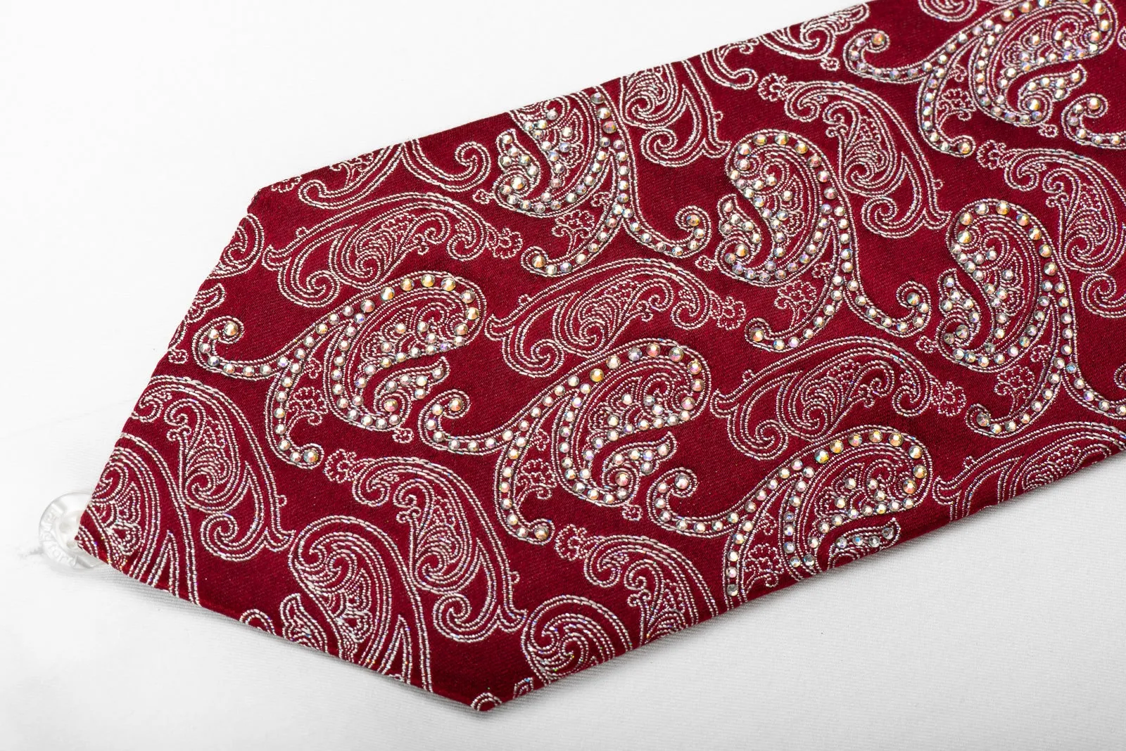 Mila Schon Men's Crystal Silk Tie Silver Paisley On Burgundy With Silver Sparkles