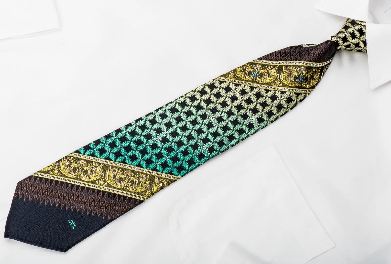 Mila Schon Rhinestone Silk Necktie Cartouche On Black With Sparkles