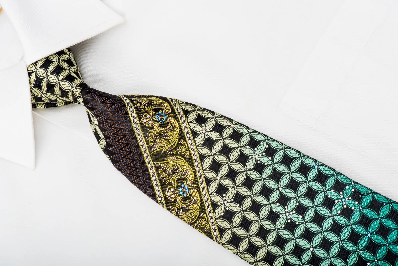 Mila Schon Rhinestone Silk Necktie Cartouche On Black With Sparkles