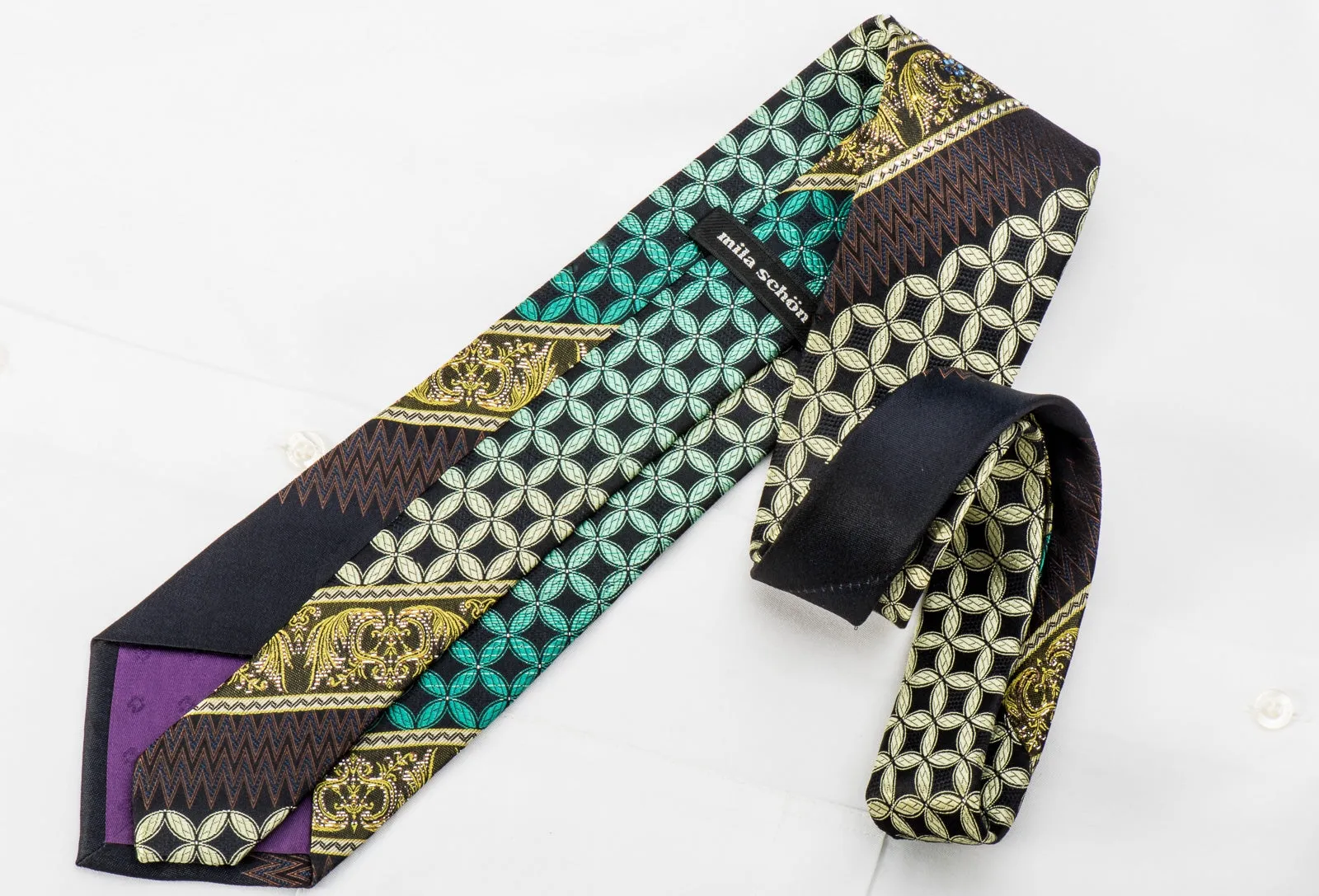 Mila Schon Rhinestone Silk Necktie Cartouche On Black With Sparkles