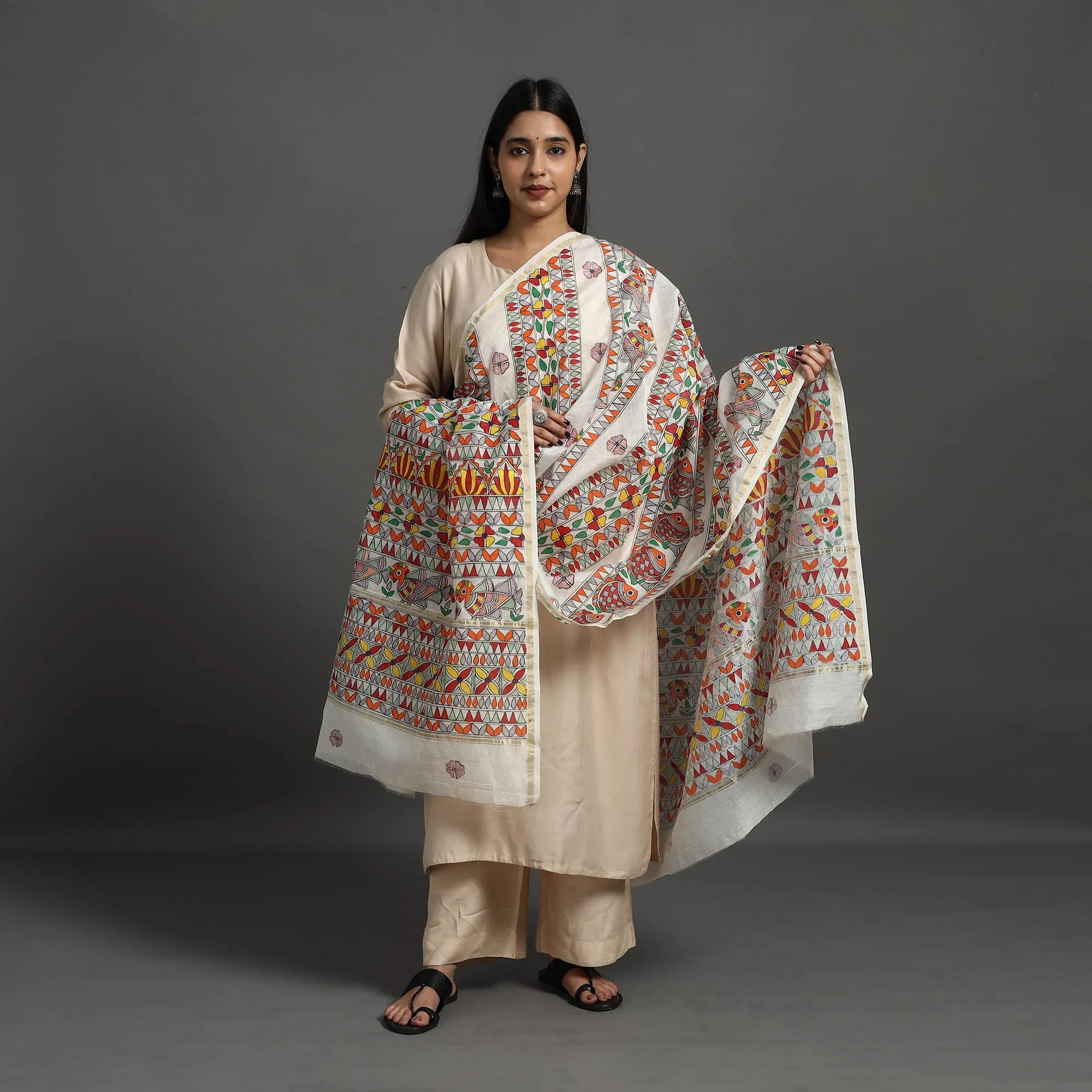 Multicolor - Handloom Chanderi Silk Handpainted Madhubani Dupatta 04