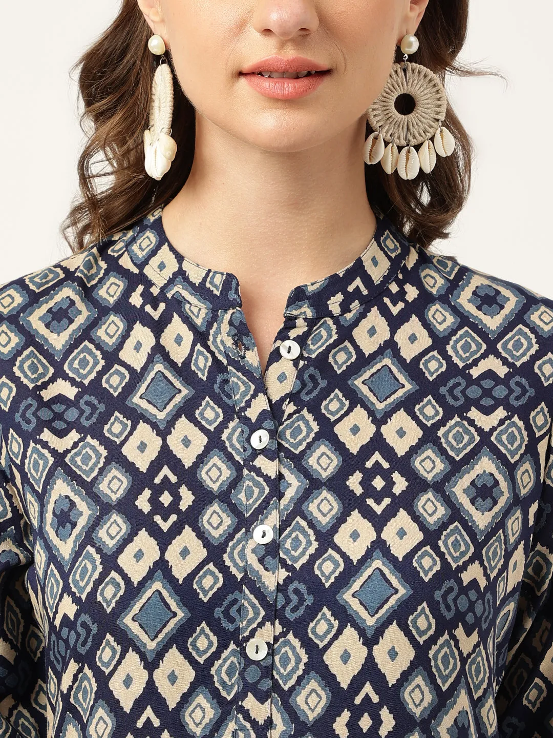 Navy Blue Floral Digital Printed Straight Fold Sleeve Kurta