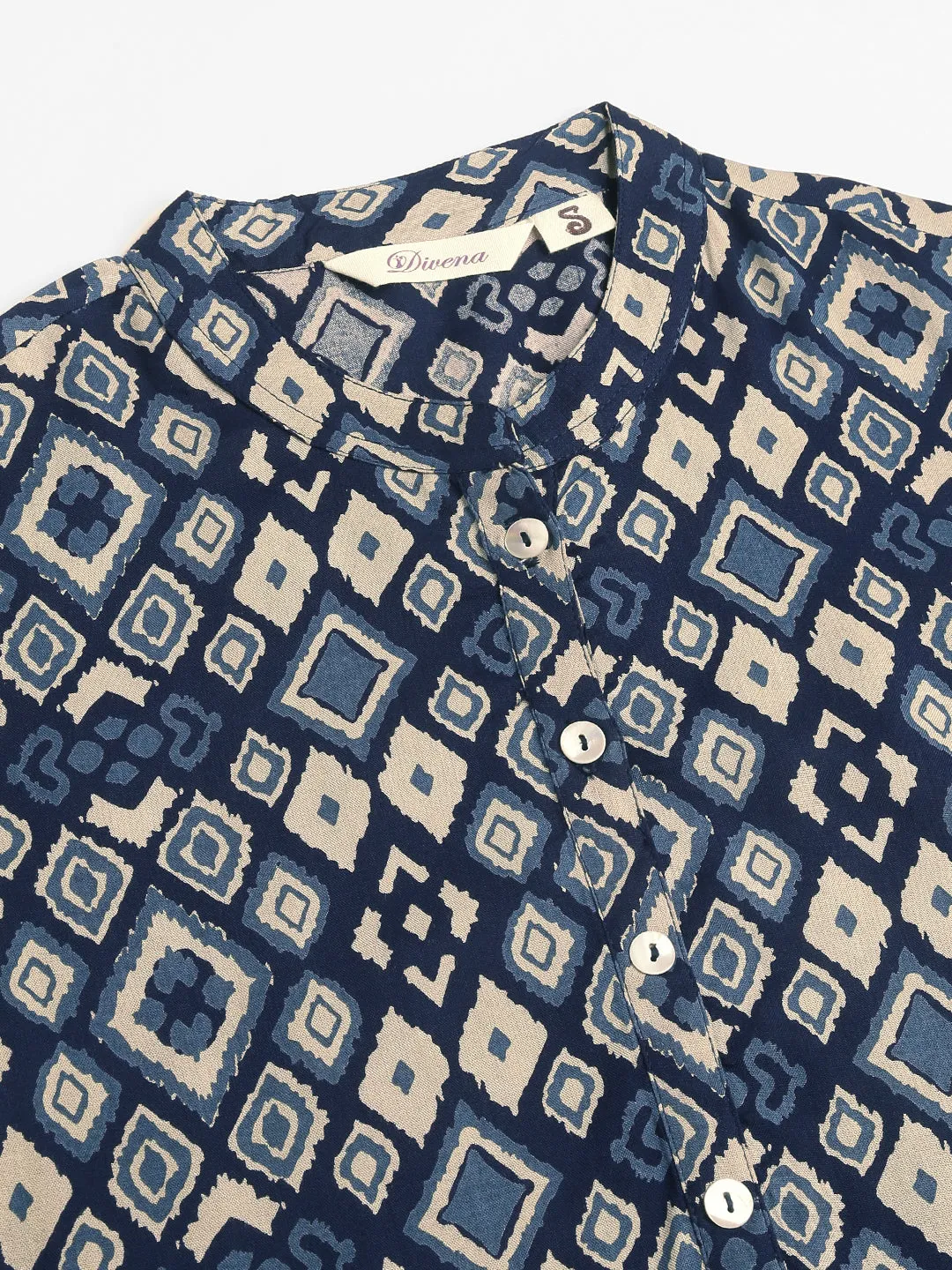Navy Blue Floral Digital Printed Straight Fold Sleeve Kurta