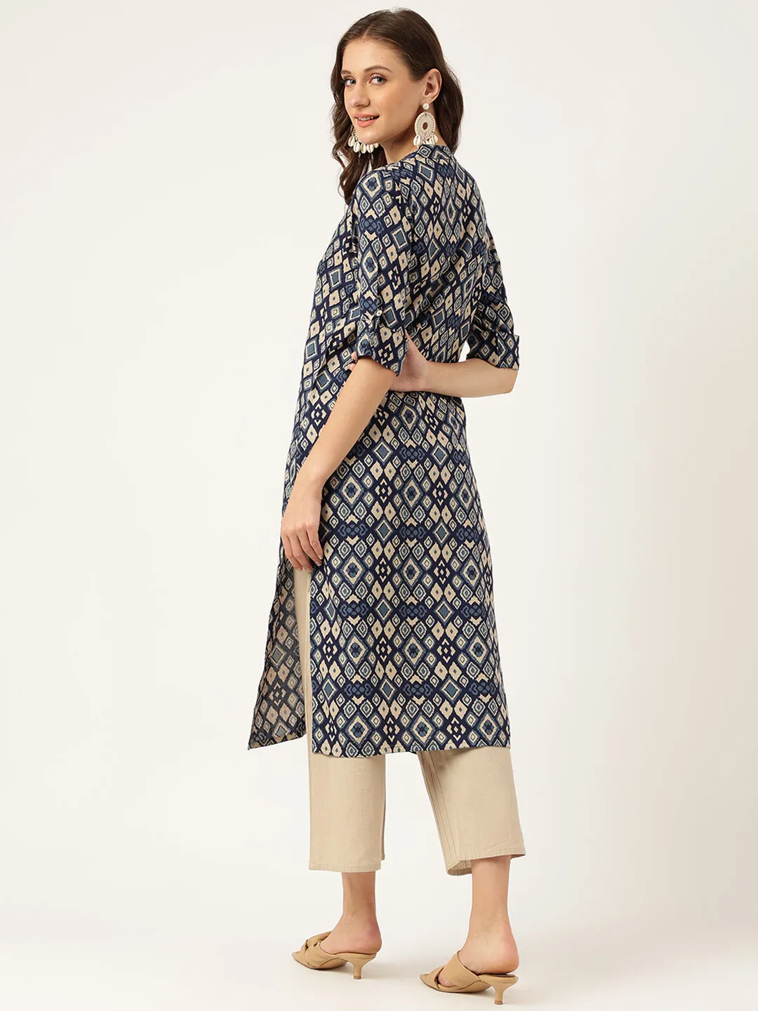 Navy Blue Floral Digital Printed Straight Fold Sleeve Kurta