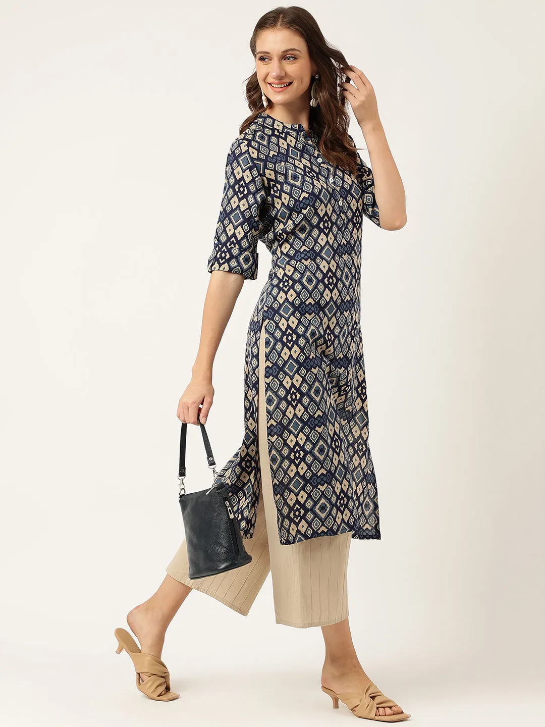 Navy Blue Floral Digital Printed Straight Fold Sleeve Kurta