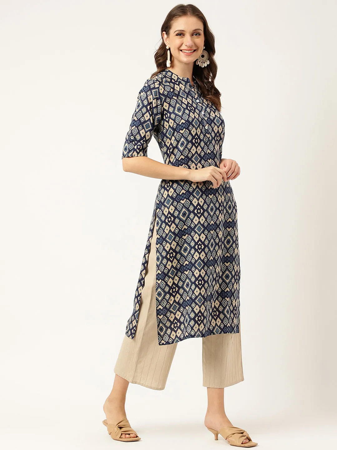 Navy Blue Floral Digital Printed Straight Fold Sleeve Kurta