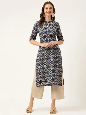 Navy Blue Floral Digital Printed Straight Fold Sleeve Kurta