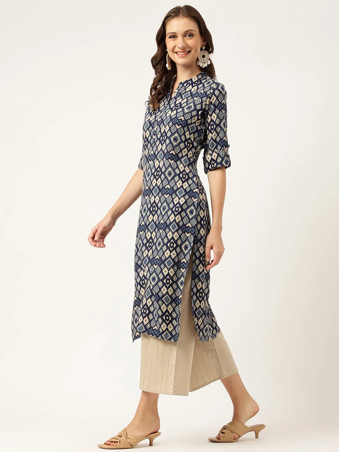 Navy Blue Floral Digital Printed Straight Fold Sleeve Kurta